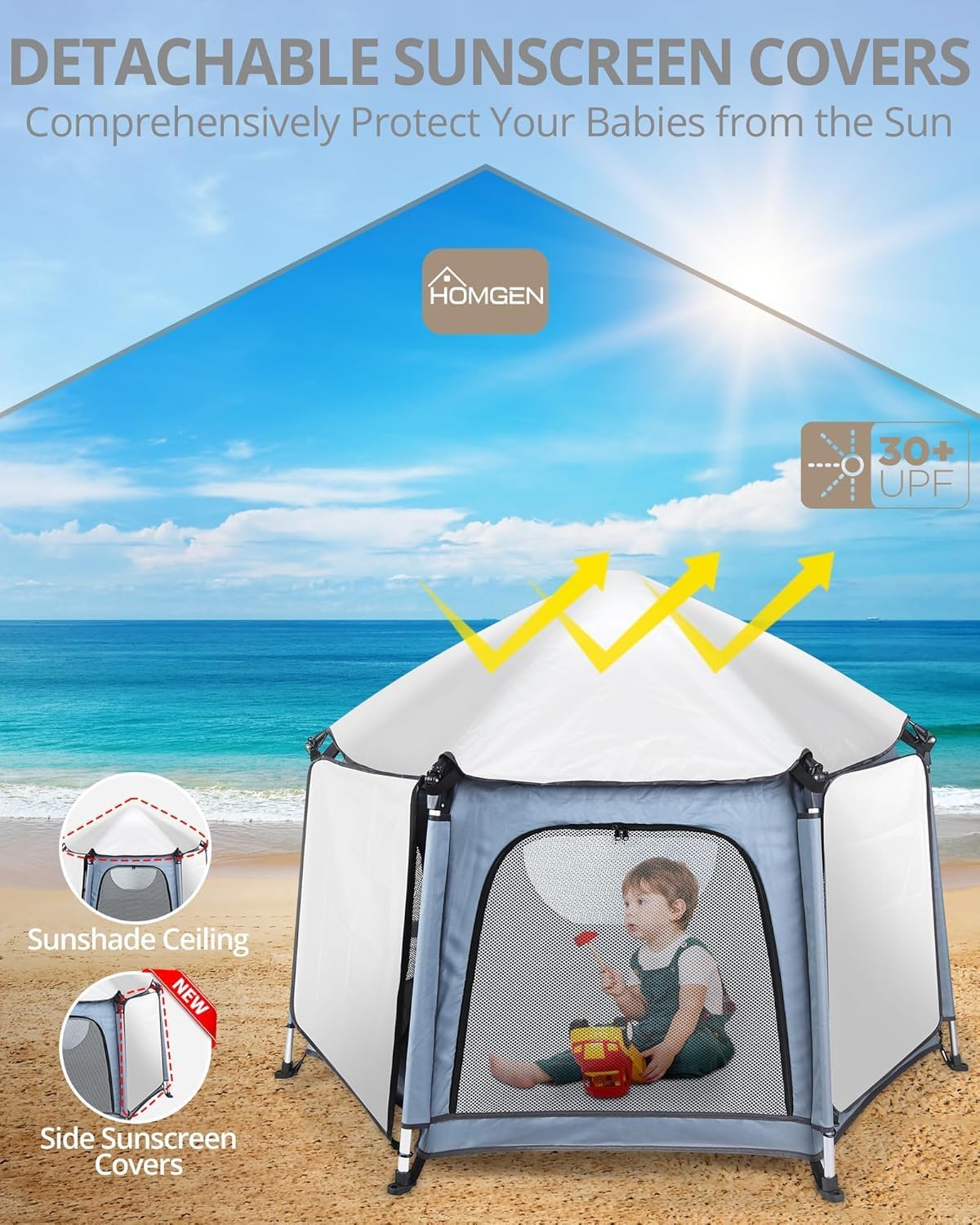 Thumbnail 1 de HOMGEN Foldable Pop Up Playpen 144x103cm with Detachable UV Cover