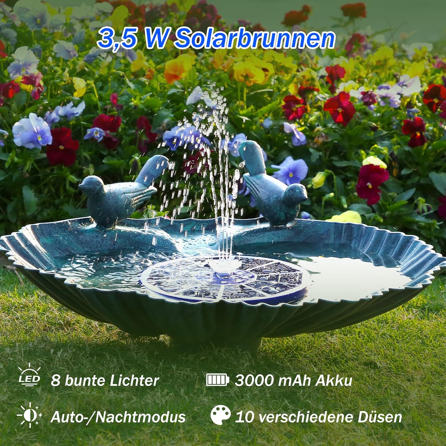 Detalle de AISITIN LED Solarbrunnen für Draußen – Blaues Glas, 3,5W Solarpumpe mit 3000mAh Akku