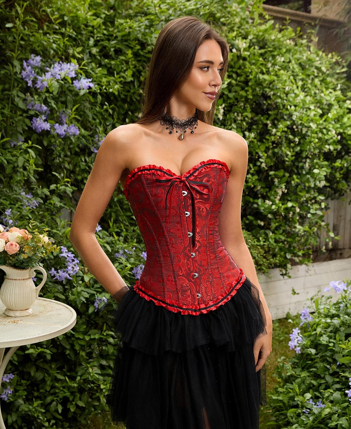 Detalle de SZIVYSHI G819 Black Corset Top for Women, Lace-Waist Push-Up Bodysuit