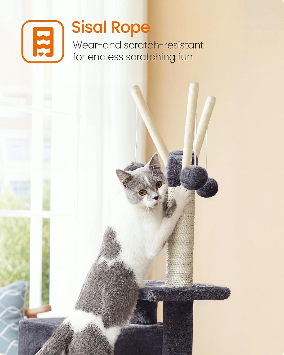Detalle de FEANDREA PCT143G01 Cat Tree with Sisal Scratching Ramp and Plush Cave
