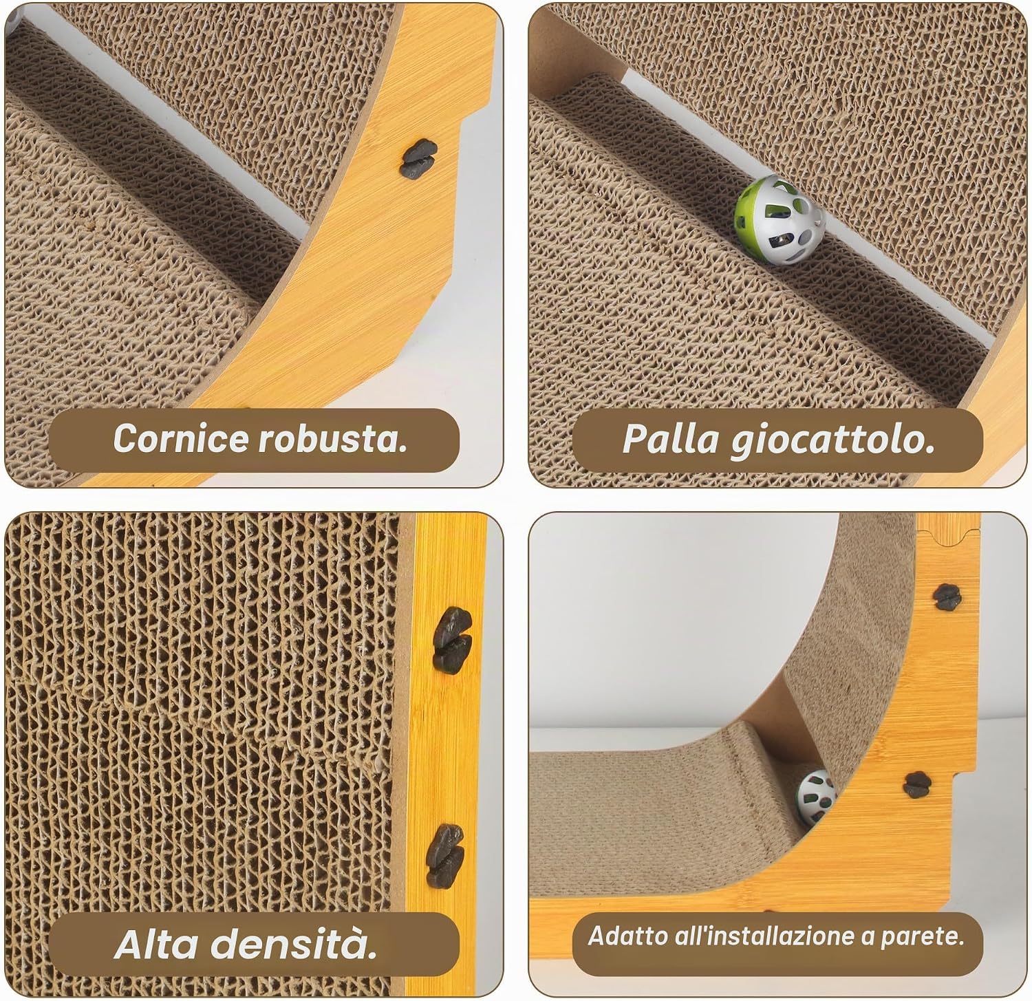 Detalle 2 de 68 cm Tiragraffi Cartone per Gatti a Forma di L – XXL, con Palla Sonagliante e Protezione per Pareti