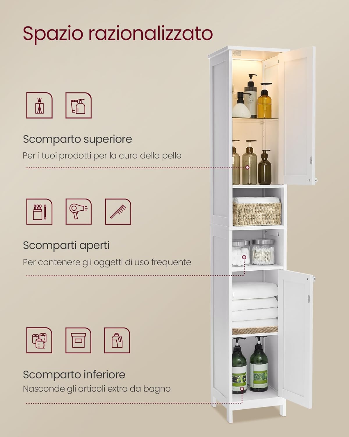 Detalle de VASAGLE BBK566KB01 mobile da bagno salvaspazio con luce attivata dalla porta, 30 cm