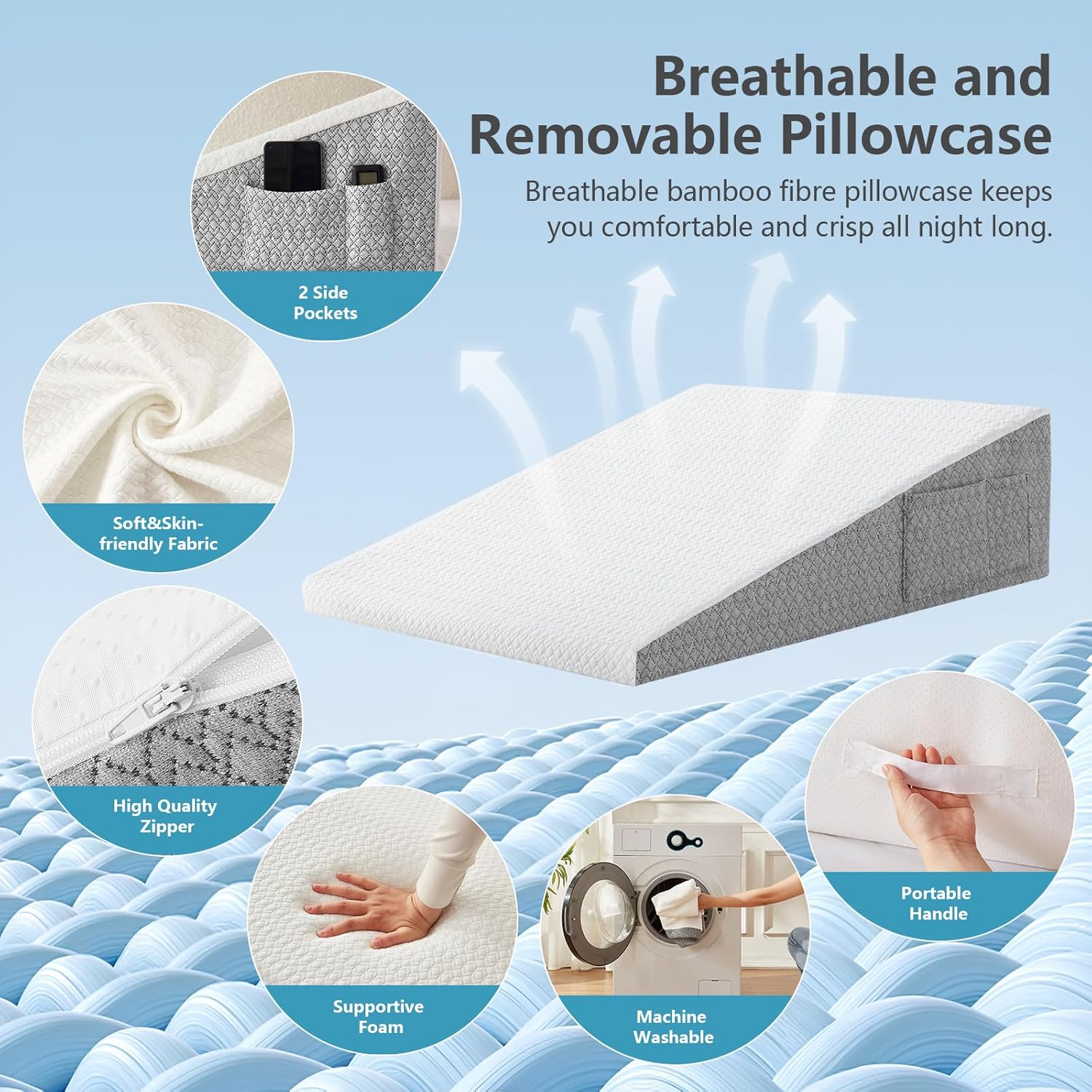 Thumbnail 3 de Nordjager Wedge Pillow for Sleeping & Resting (24" x 24" x 7.5"): Supportive Memory Foam Cushion with Grey/White Cover