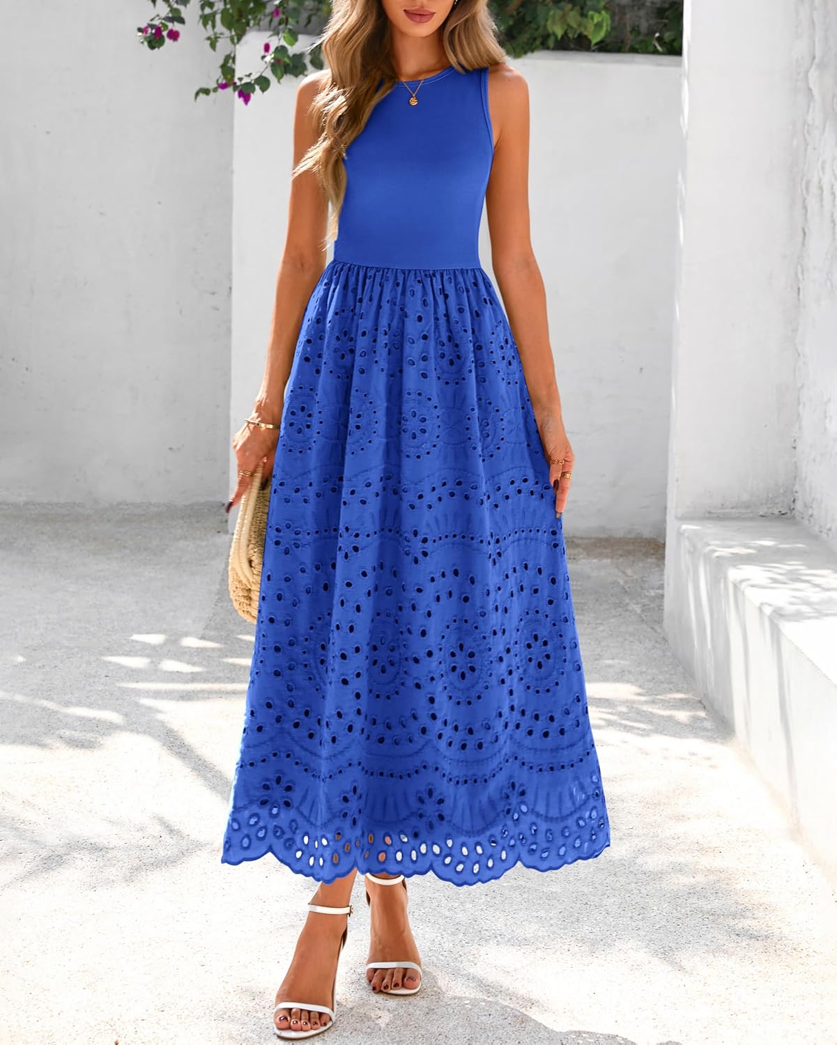 Thumbnail 2 de dowerme Women’s Boho Lace Eyelet Cotton Tank Maxi Dress with Pockets