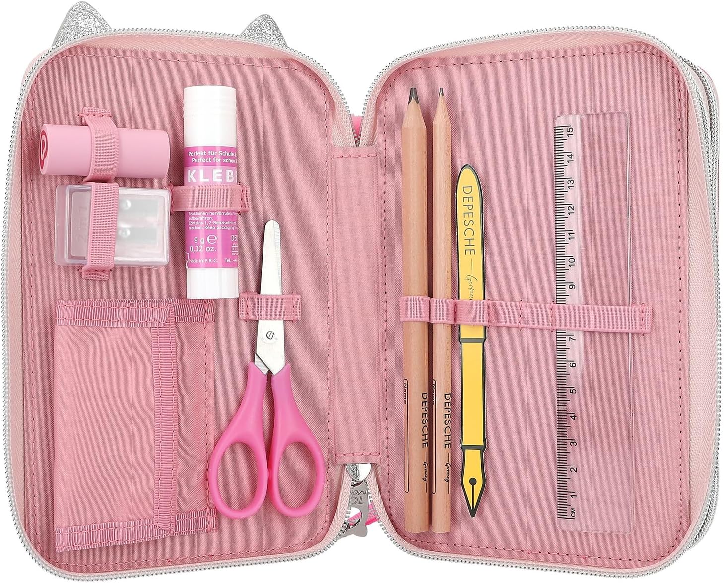 Detalle de Depesche TOPModel 12787 Trousse à 3 Compartiments – Rose, motif tacheté, avec nez en cœur et oreilles de chat