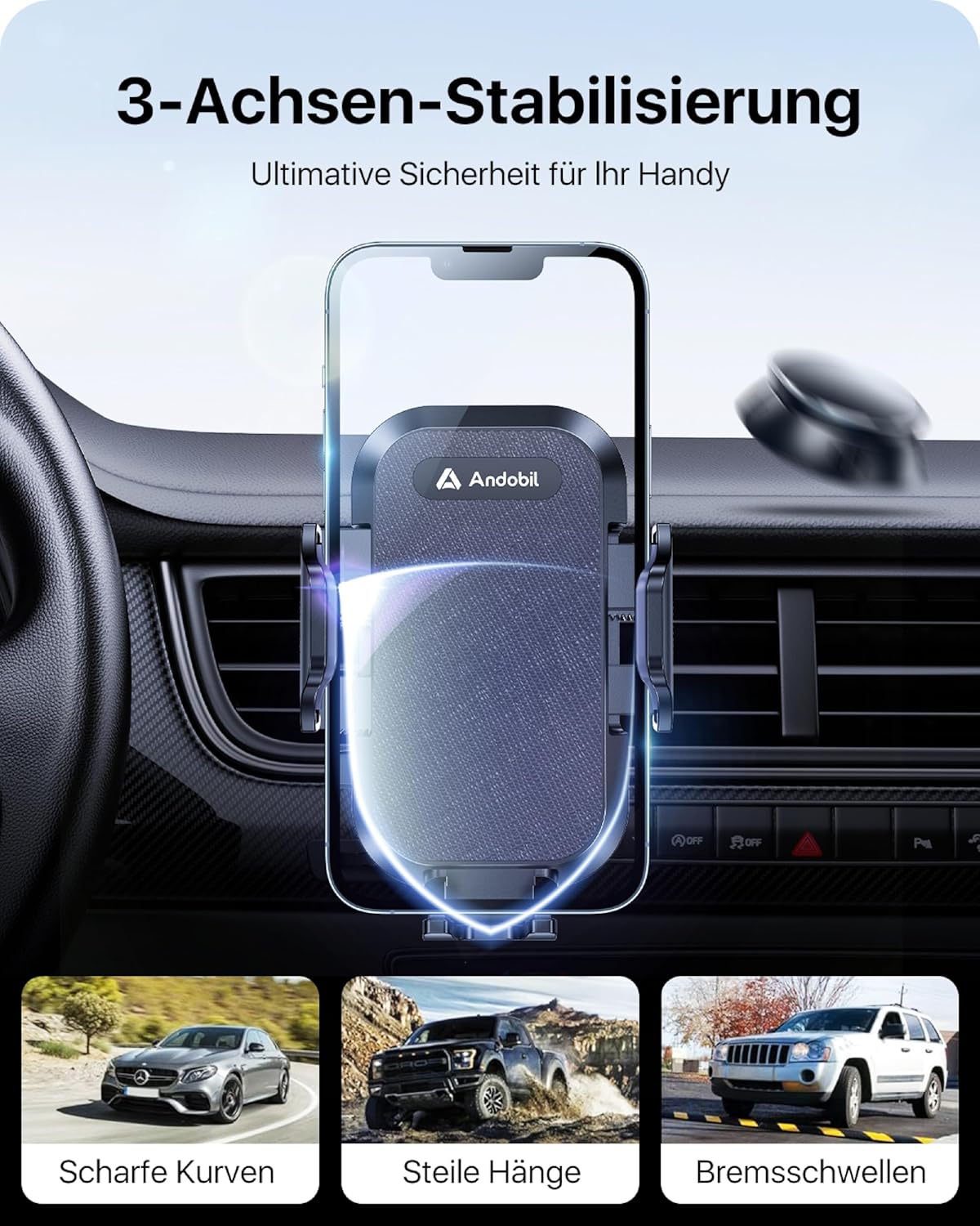 Detalle de andobil Handyhalterung Auto Lüftung – 360° drehbar, sicherer Griff, Universal 4–7 Zoll
