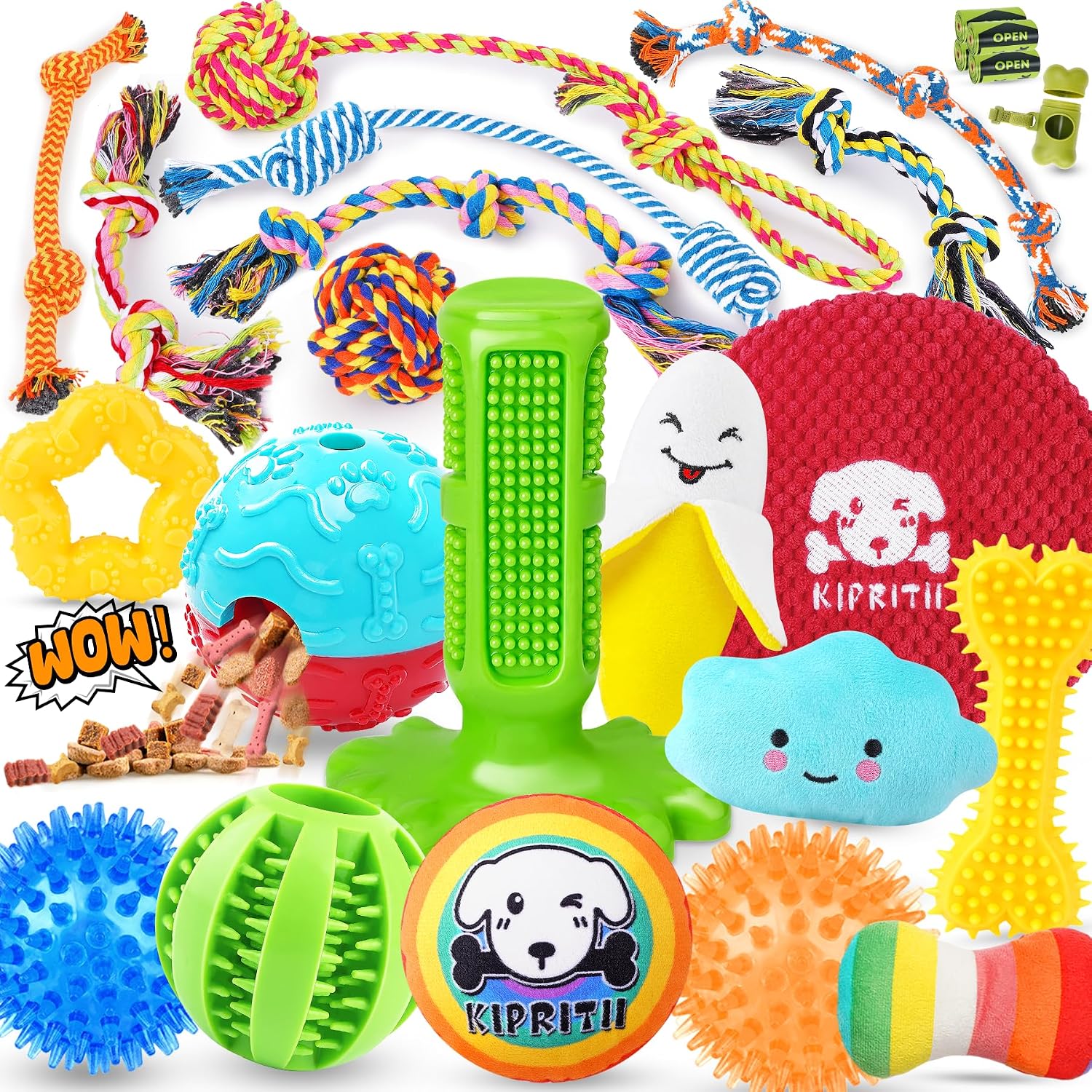 Detalle de KIPRITII KPCT1MX5 25-Piece Dog Toy Set with Rope, Plush, and Treat Balls