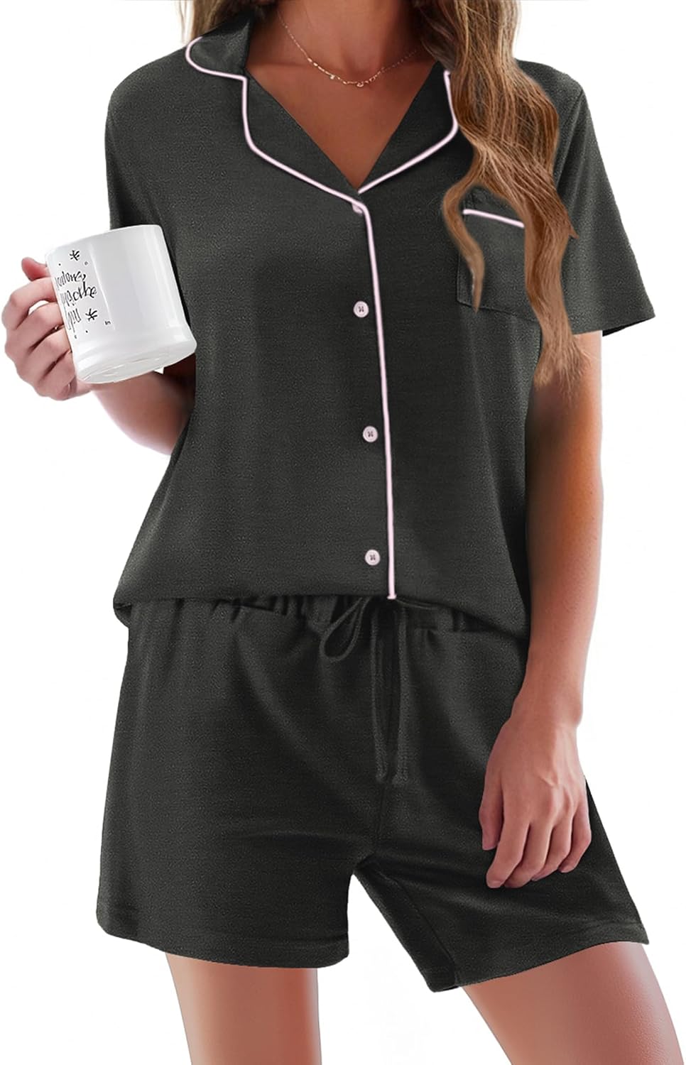 Thumbnail 6 de Ekouaer Pigiama Donna Estivo in 2 Pezzi: Camicia Notte Corta a V e Pantaloncini, Comfort Leggero