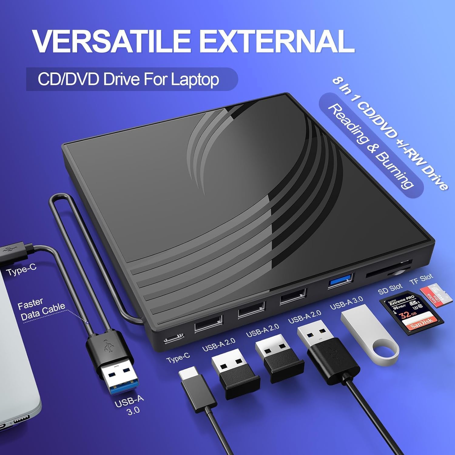 Detalle 2 de BPAKDU B31-Y2 External CD/DVD Drive with USB-A, USB-C, and Card Slots