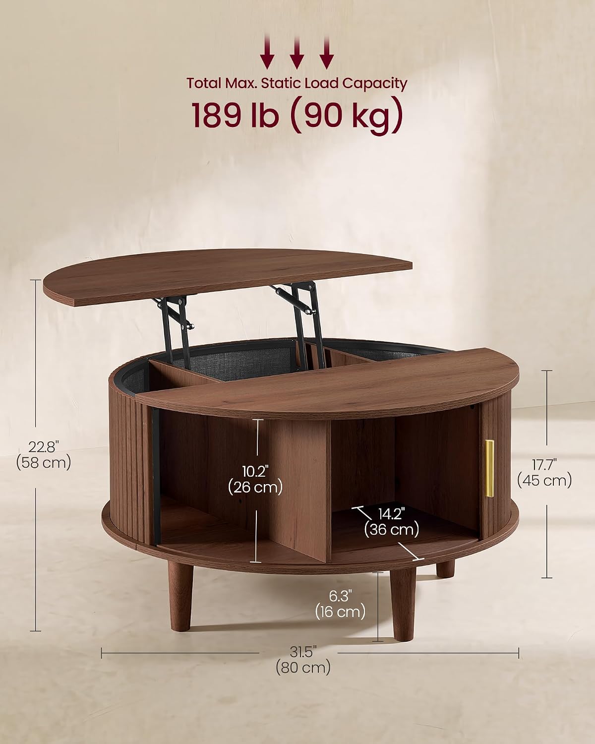 Detalle 2 de VASAGLE ULCT275K201 Round Lift-Top Coffee Table, Chestnut Brown, Fluted Design