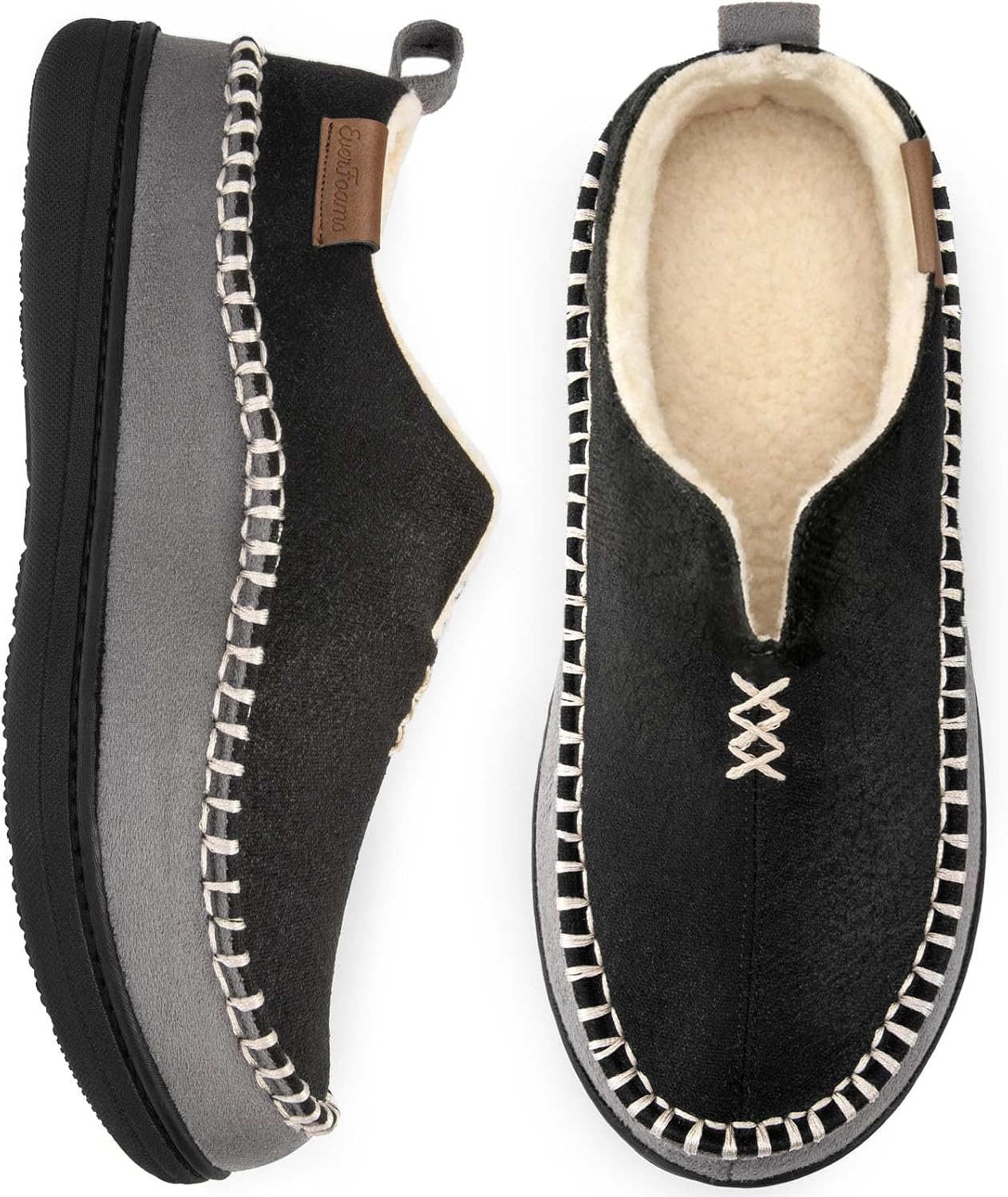 Detalle de EverFoams Men’s Micro Suede Memory Foam Moccasin Slippers with Fuzzy Sherpa Lining