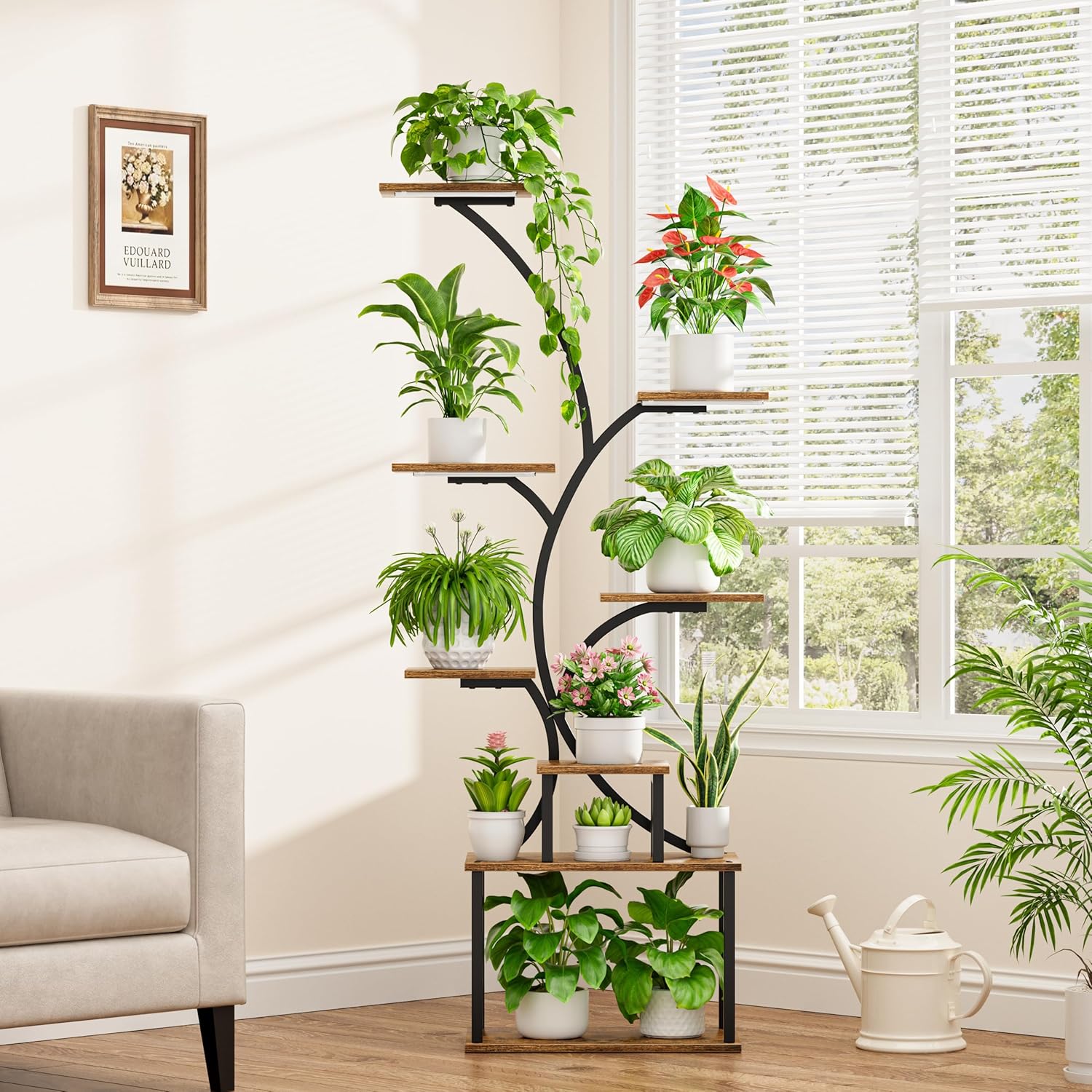 Detalle de POZILAN 8-tier tall plant stand with grow light – metal plant shelf rack for indoor and patio use