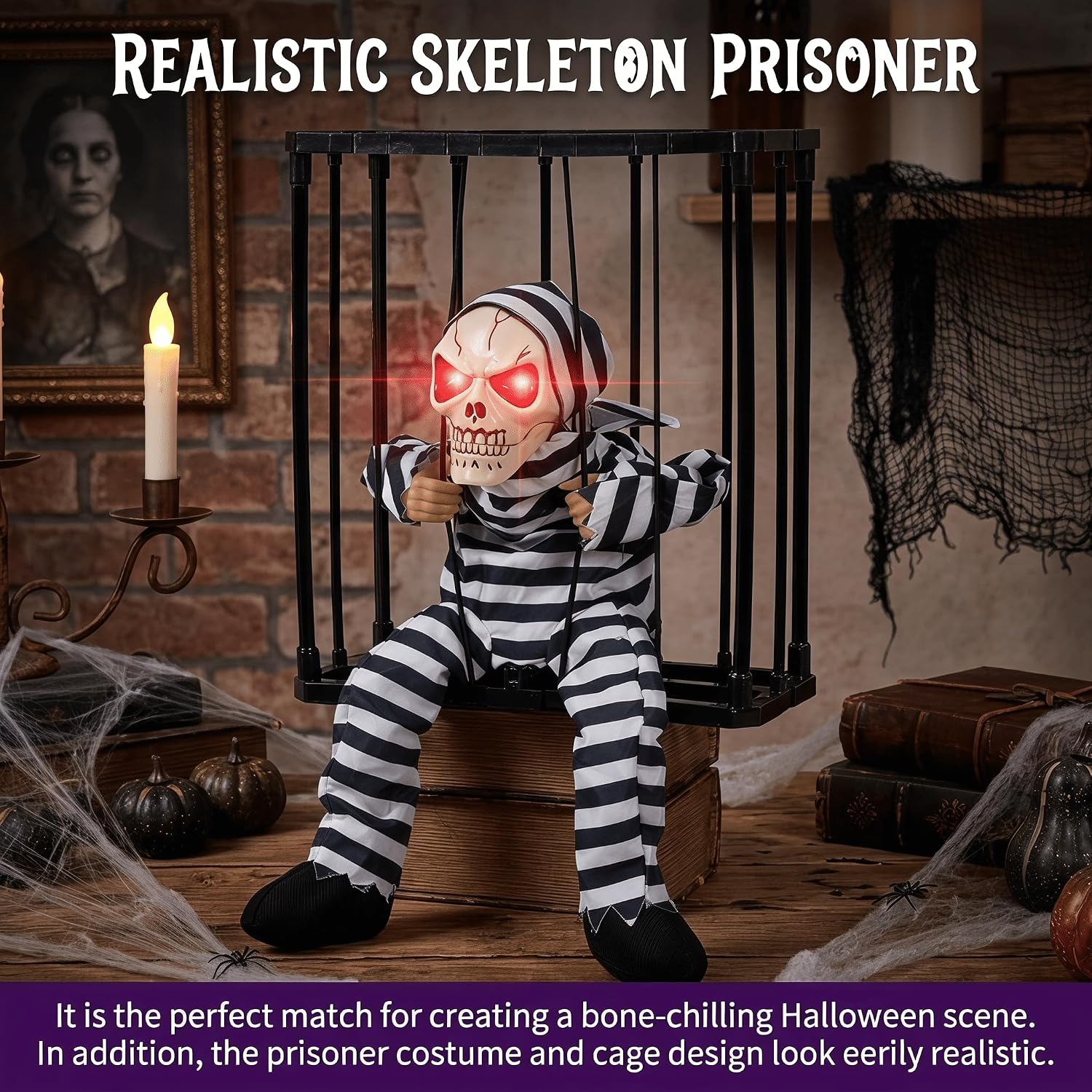 Detalle de Kendane CA-100 Caged Skeleton Halloween Decoration with Motion-Activated Red Eyes