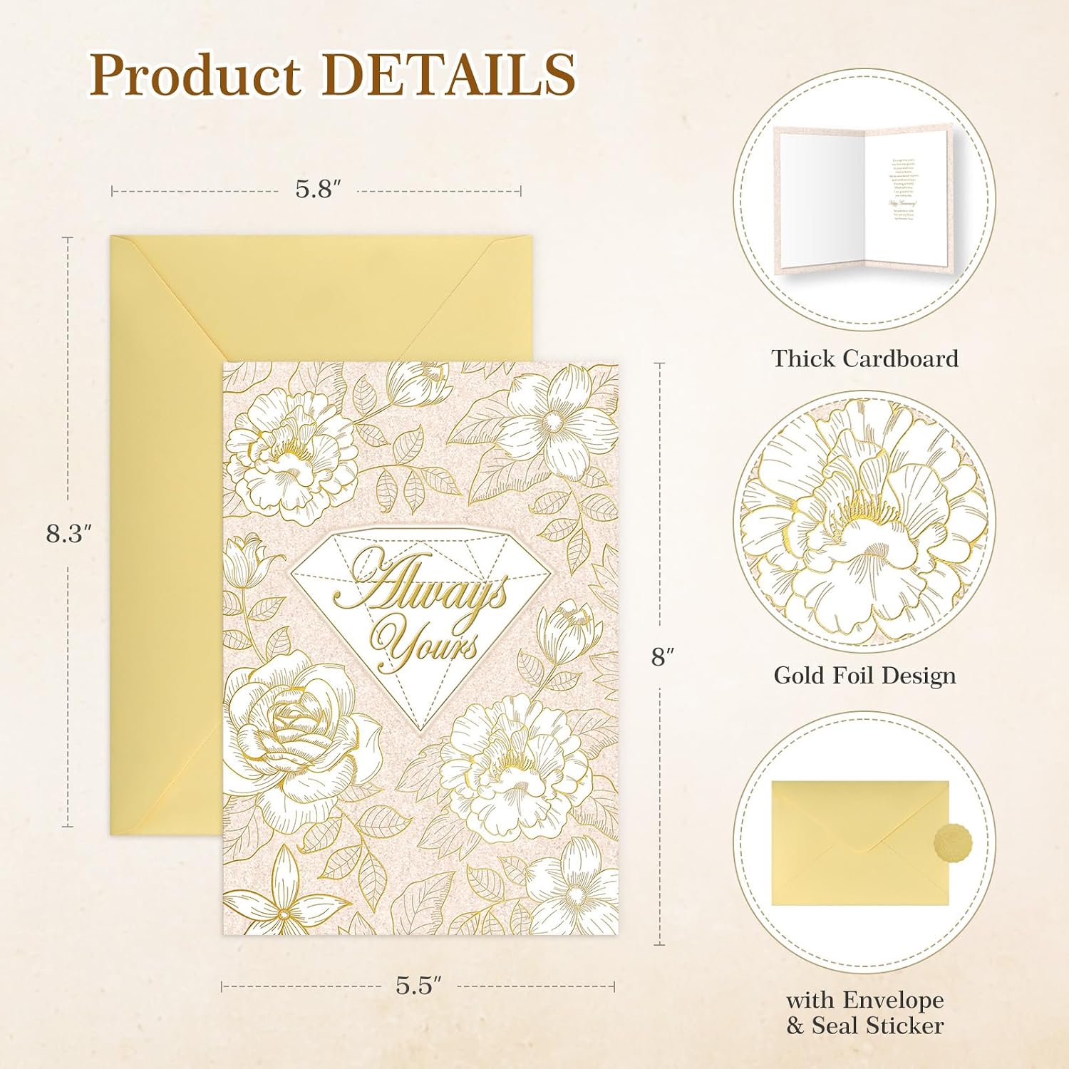 Thumbnail 3 de FLYAB Anniversary Card for Wife, 5.5 x 8-Inch Gold-Foil Floral Design