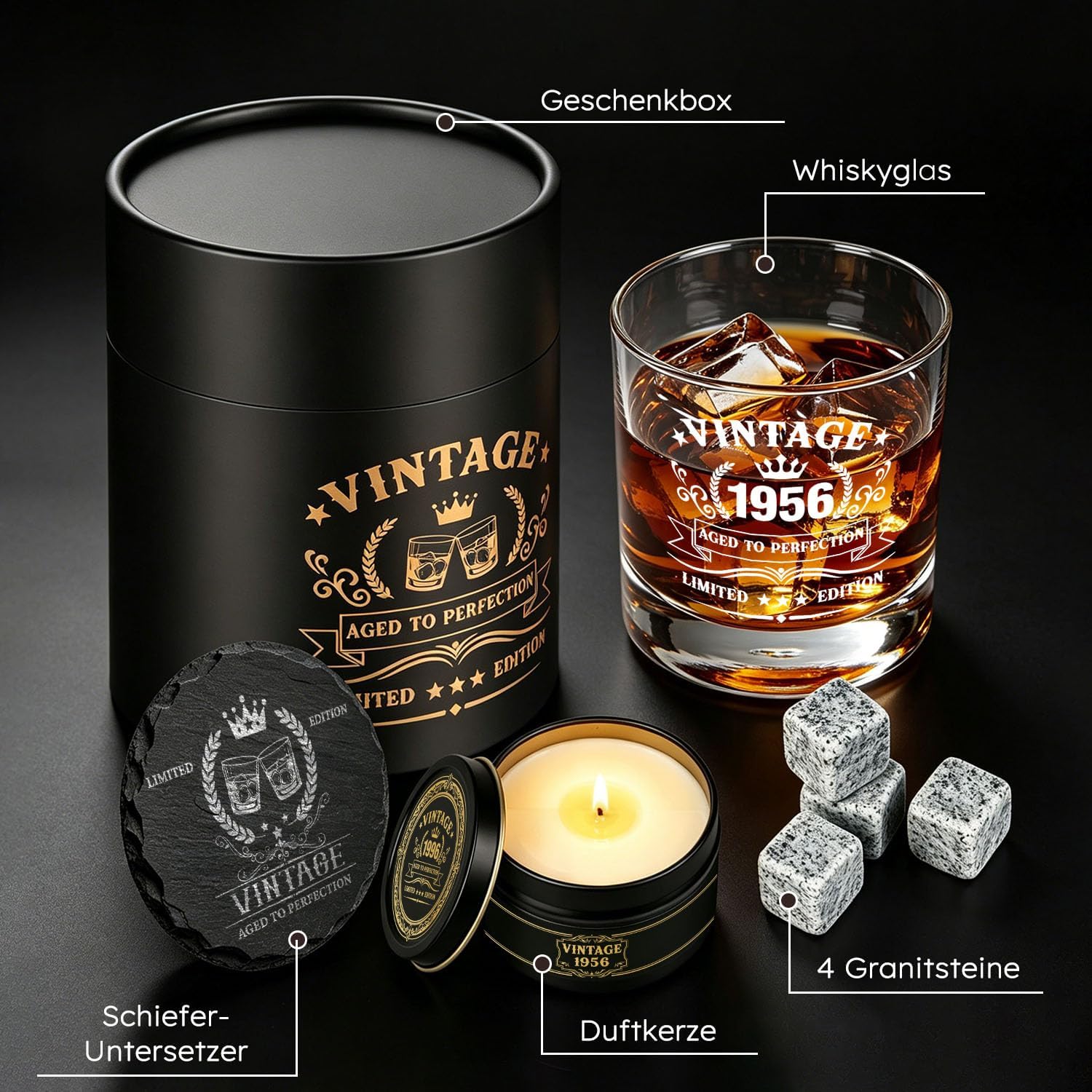 Detalle de Whisky Geschenkset Männer 1956 – Vintage-Set zum 70. Geburtstag mit Whiskyglas, Granitsteinen, Schieferuntersetzer, Kerze und Geschenkbox