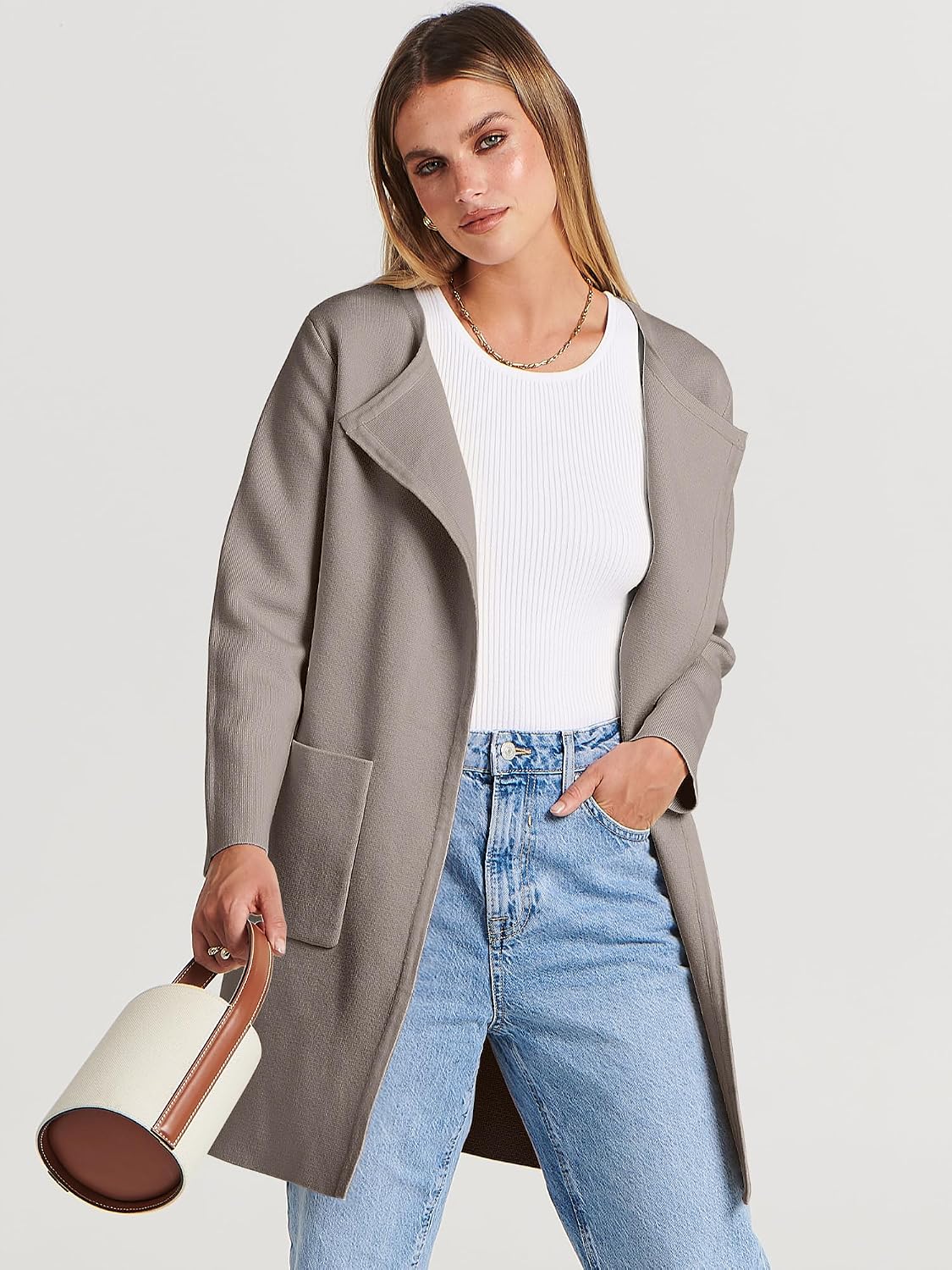 Detalle de ANRABESS Women's Mid-Length Open-Front Cardigan Sweater with Lapels and Pockets