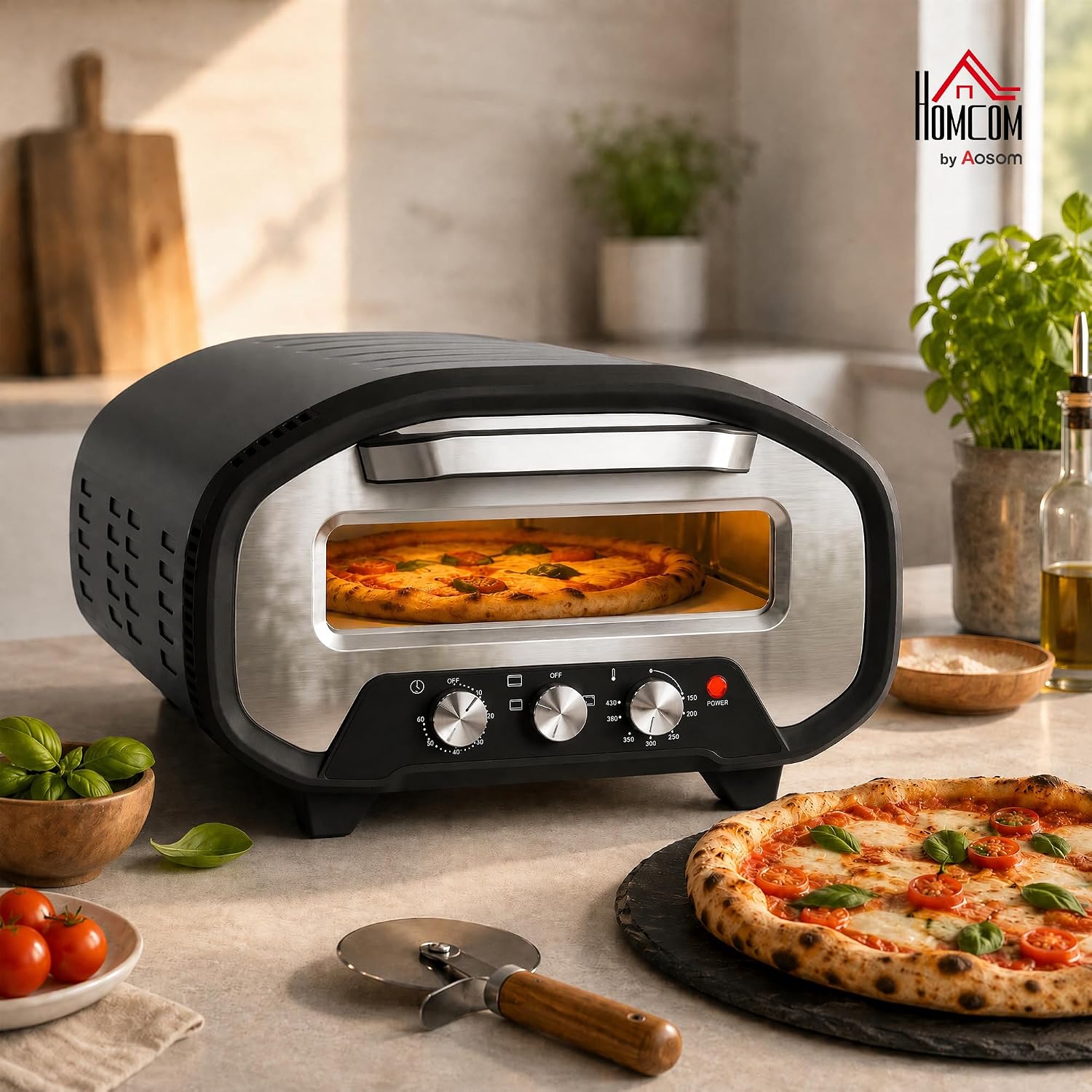 Detalle de HOMCOM 800-350V90GY elektrische pizzaoven, 2200 W, tot 430 °C