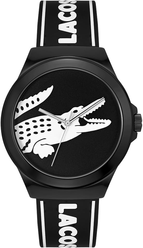 Detalle de Lacoste Analog Quarzuhr NEOCROC für Herren – 42 mm Gehäuse, schwarzes Zifferblatt, Silikonband