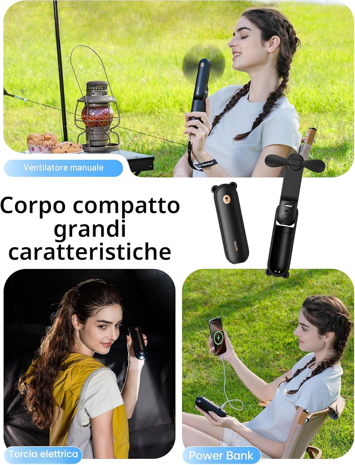 Detalle de JISULIFE Ventilatore portatile con Powerbank 4500 mAh: autonomia, pieghevole e torcia in tasca