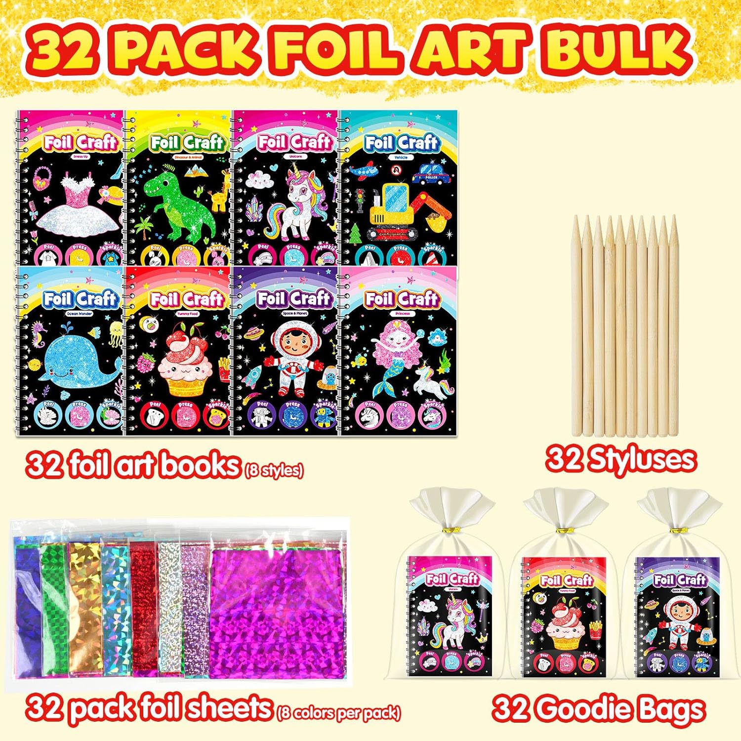 Thumbnail 1 de LIKYMO Foil Art Party Bag Filler Set (No Mess Foil Craft for Kids, ages 4–9) – R-32 PCS