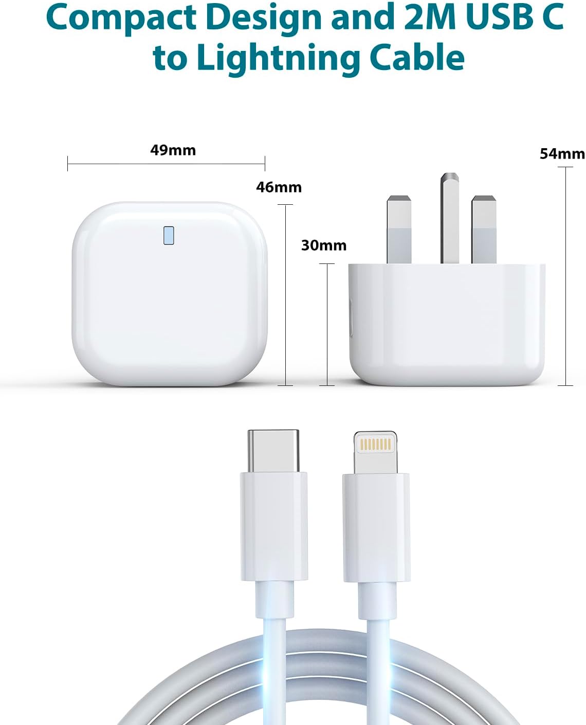 Detalle de iPhone Fast Charge 20W USB-C Plug & 2m Cable (MFi Certified) – Safe, Longer Lead for iPhone 8 to 14 Series