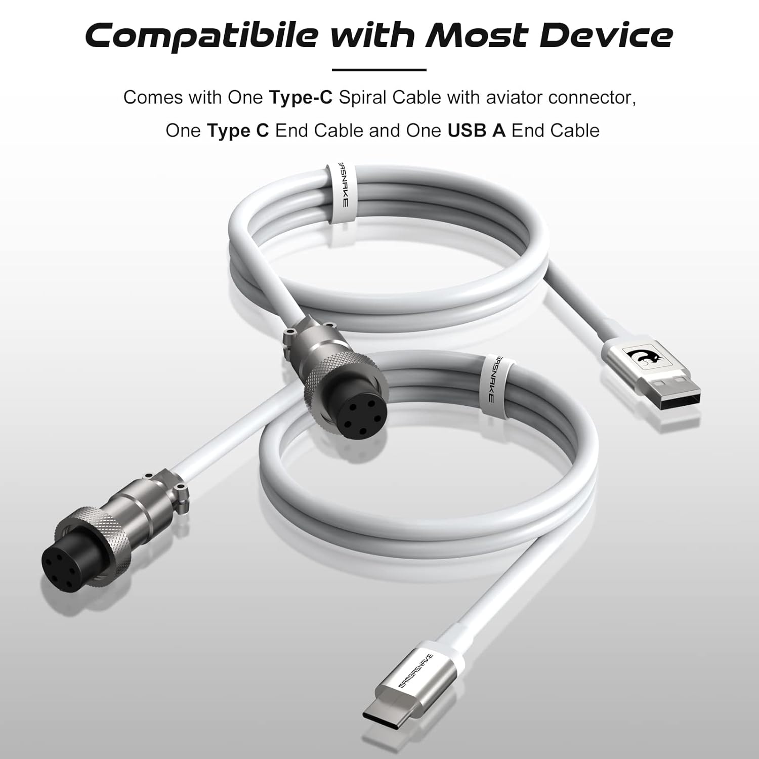 Detalle de ZIYOU LANG 2 in 1 Custom Coiled USB C to A and C Cable with Detachable Extendable Double Sleeve Spiral, Aviator Connector (White)