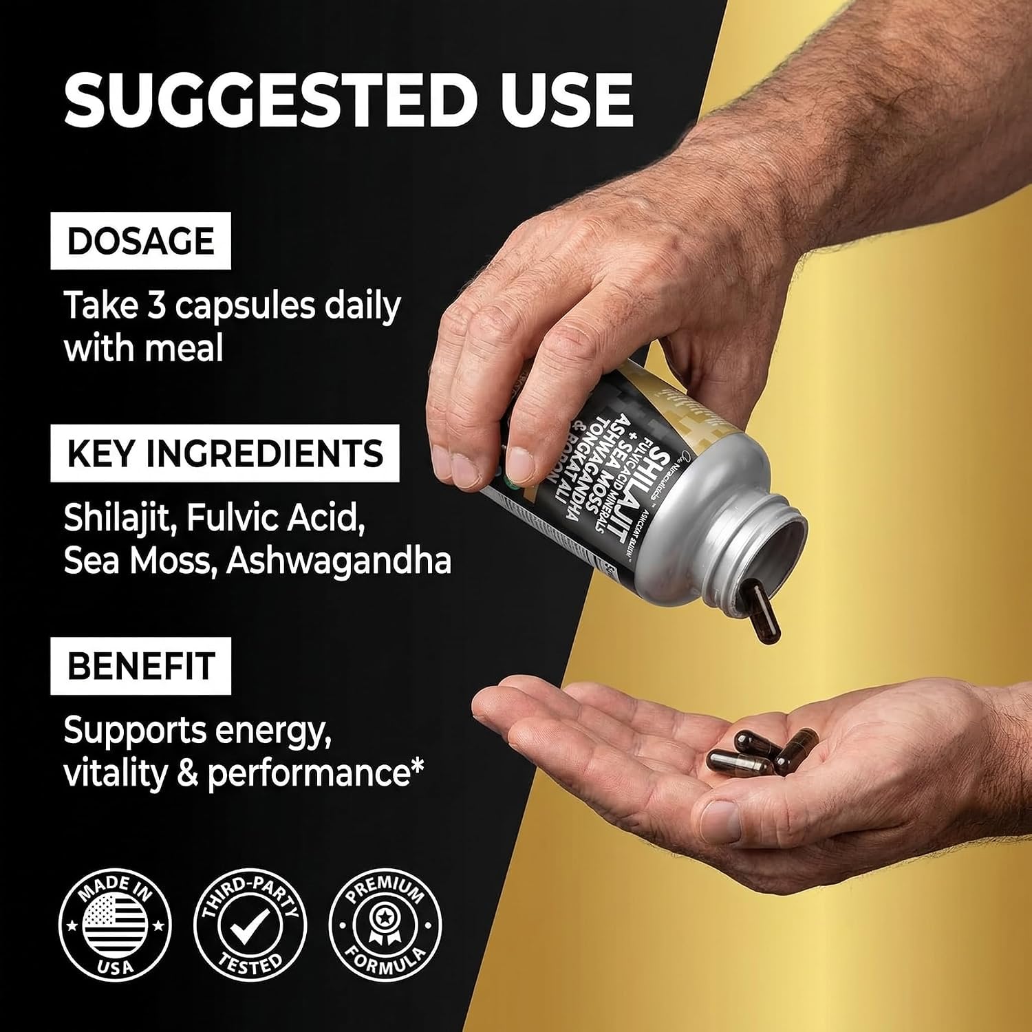 Detalle de Clean Nutraceuticals Shilajit Supplement Capsules with Sea Moss, Tongkat Ali & CoQ10