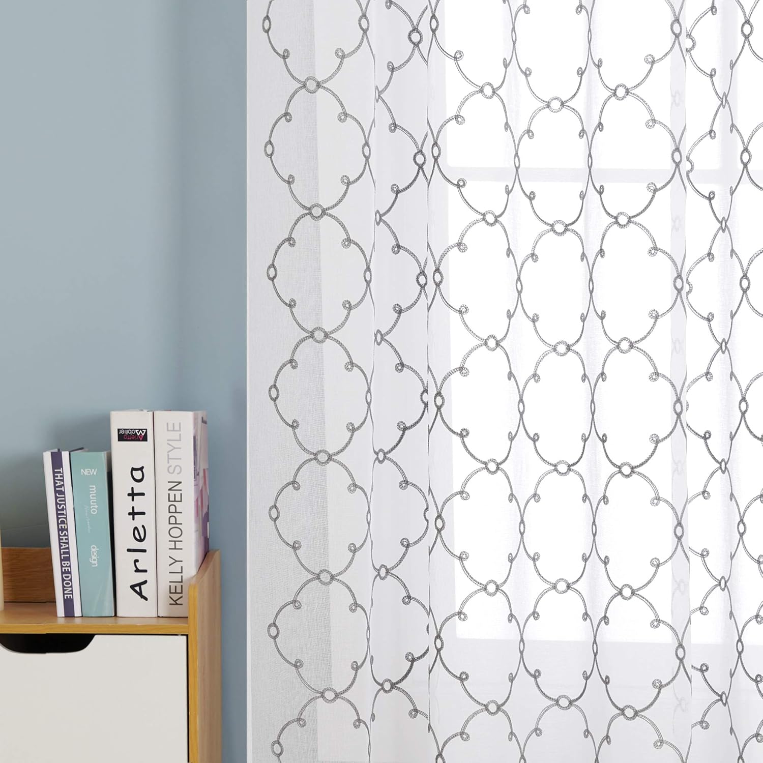 Thumbnail 2 de Deconovo Eyelet Faux Linen Net Curtains Embroidery Diamond Voile Curtains 55 x 54 Drop Grey – 1 Pair