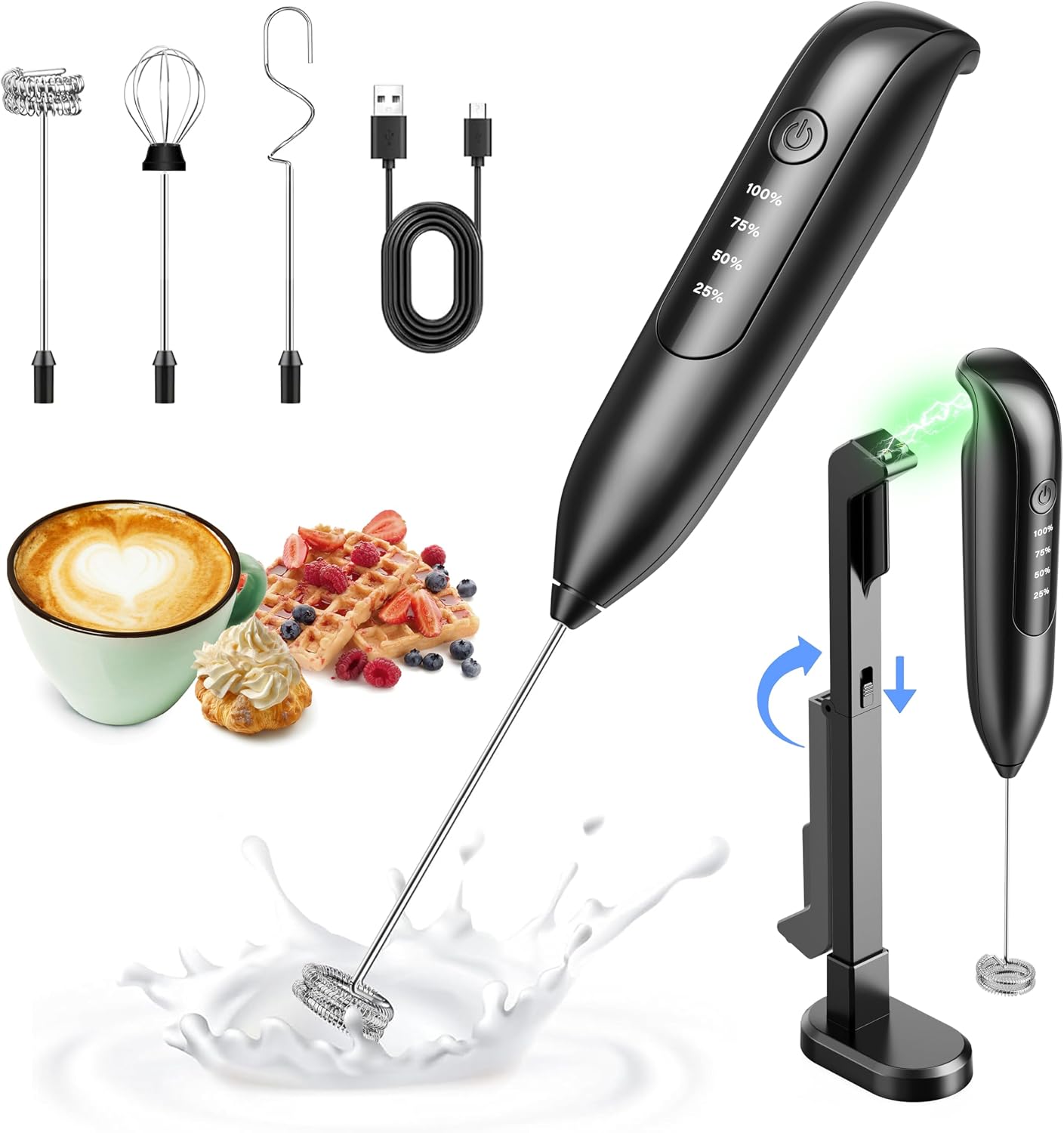 Detalle de Yidianideals Handheld Milk Frother, 3 Whisk Heads
