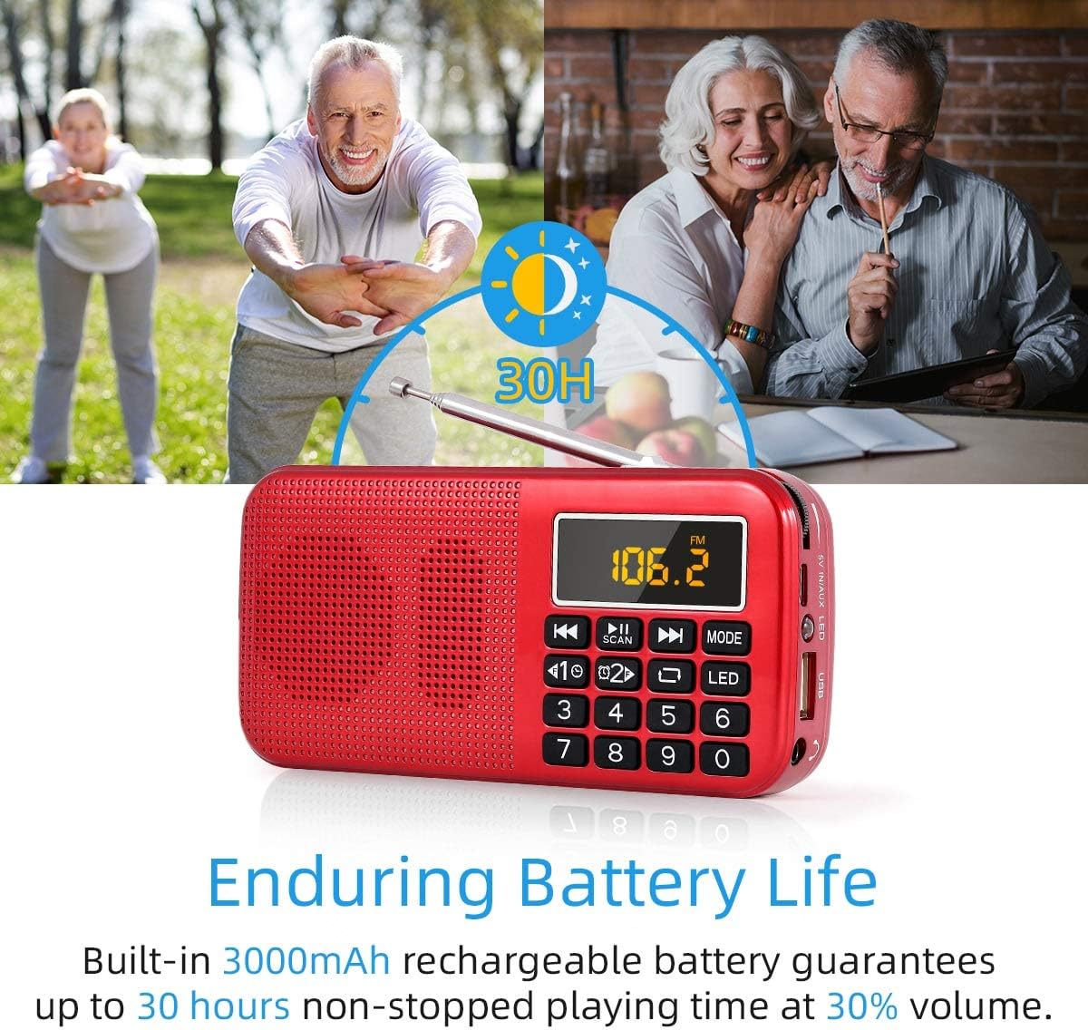 Thumbnail 5 de PRUNUS J-725 : Radio portable rechargeable avec horloge, lampe de secours et lecteur MP3