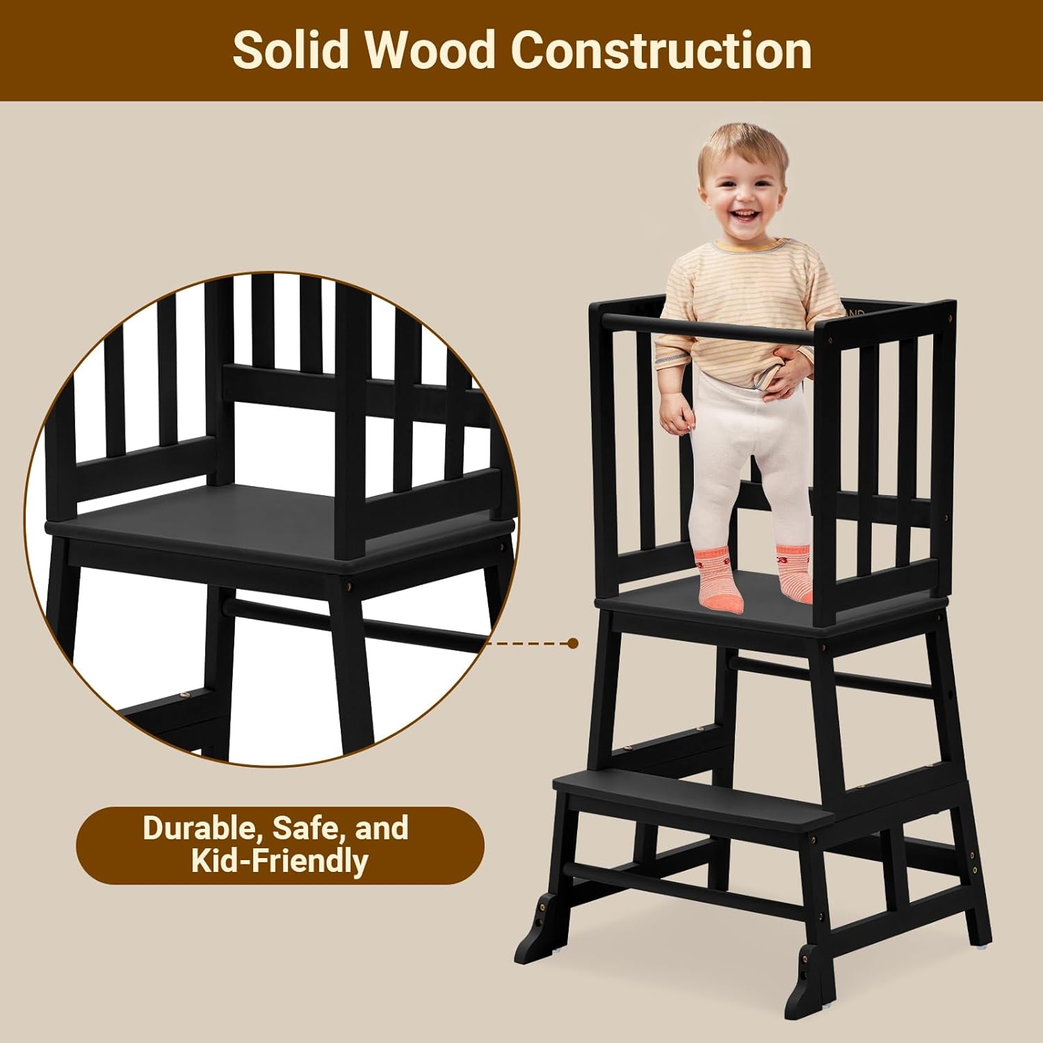 Detalle de COSYLAND Toddler Kitchen Step Stool Tower – Bamboo Learning Stool for Kitchen Counter