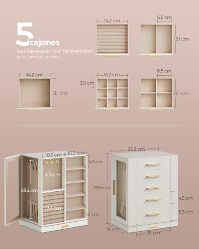 Thumbnail 3 de SONGMICS Colección GISELLA: Caja Joyero Giratorio 360° JBC170W01, 5 Cajones y Ventanas de Cristal