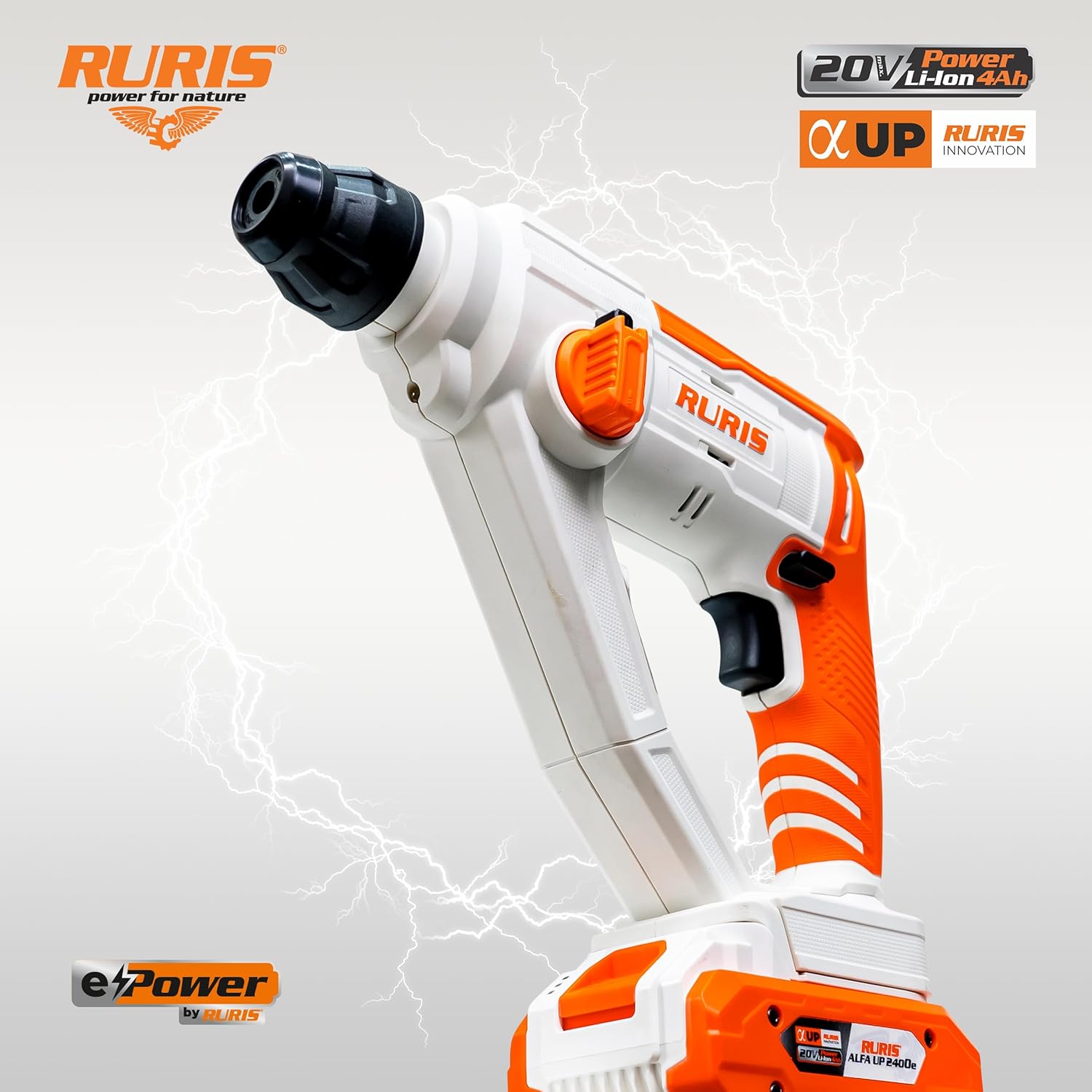 Detalle de RURIS RMX1210: Marteau perforateur sans fil SDS Plus 20V 4Ah avec LED, vitesse variable et forets 8/10/12 mm (pack inclus)