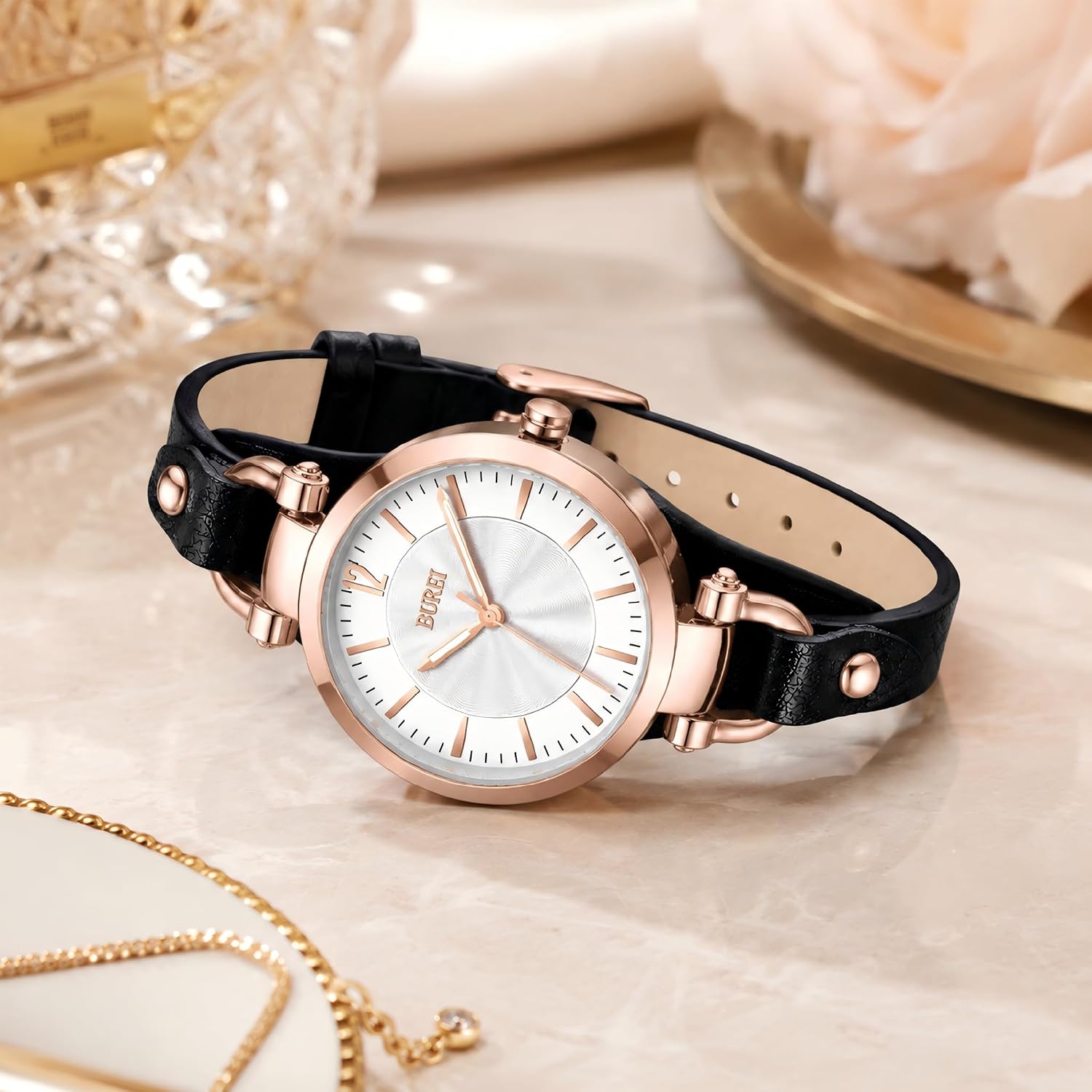 Detalle 2 de BUREI Montre bracelet en cuir pour femme – Élégante montre analogique quartz, bracelet 8 mm