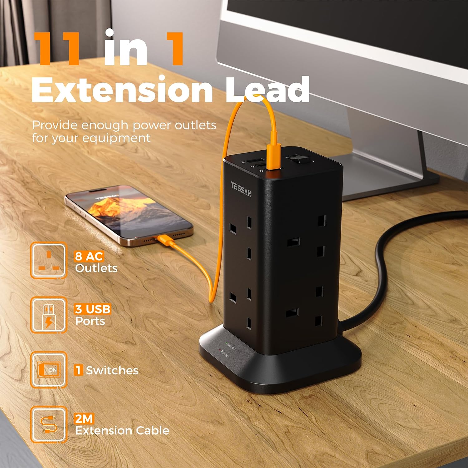 Thumbnail 1 de TESSAN Tower Black Extension Lead with 2 USB-C slots, 8-way surge protected power strip (2m)