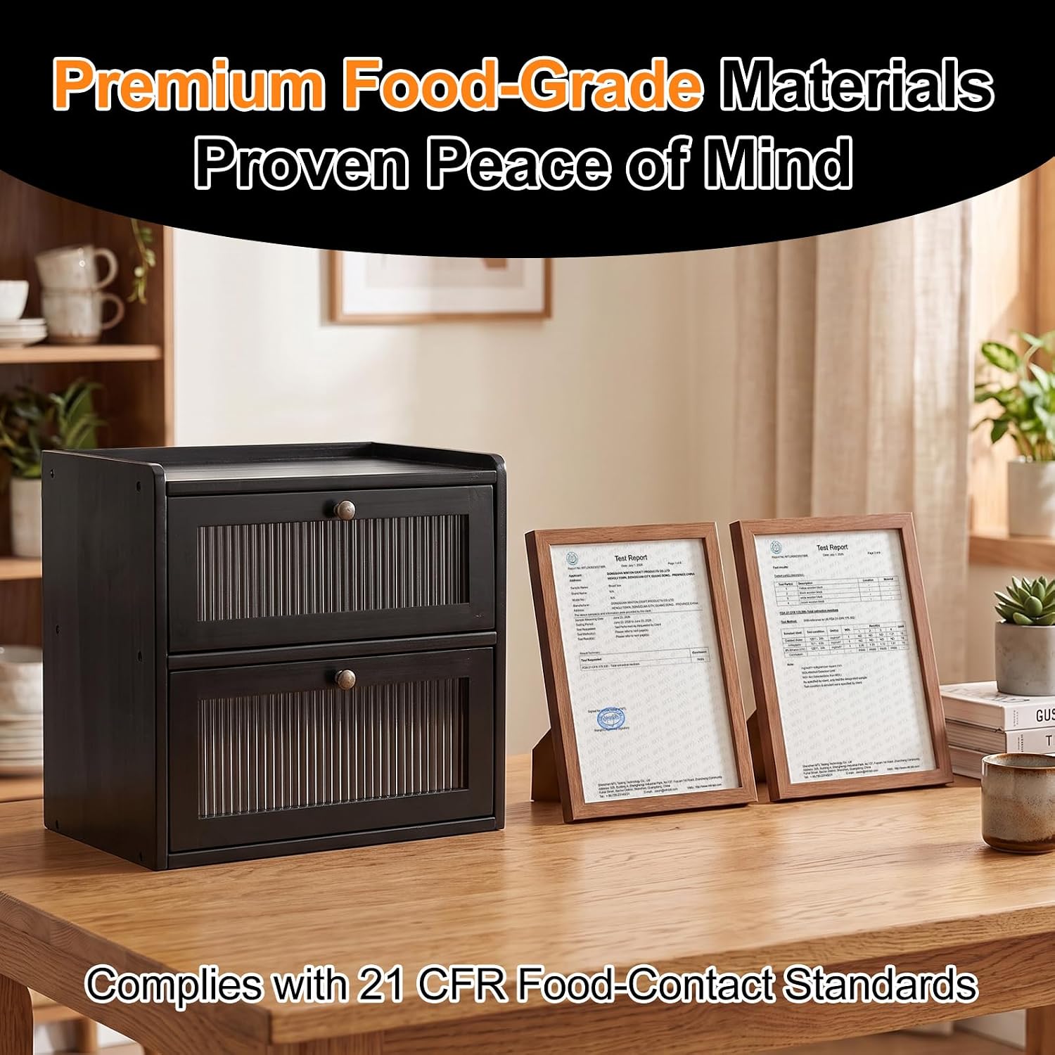 Detalle 2 de Alpeir Double-Layer Bread Box, Black Pine Wood with Acrylic Window