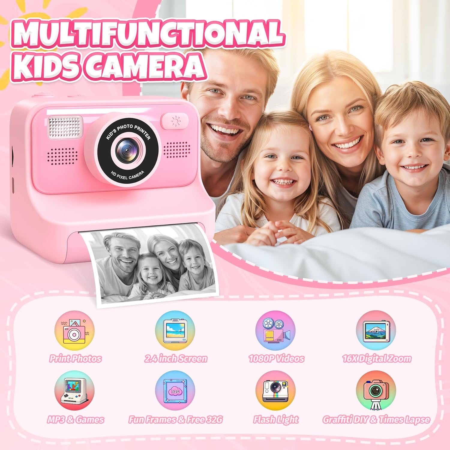 Detalle de Gontence Appareil Photo Instantané Enfants – Caméra multi-fonctions rose, 32 Go + 3 rouleaux d'impression