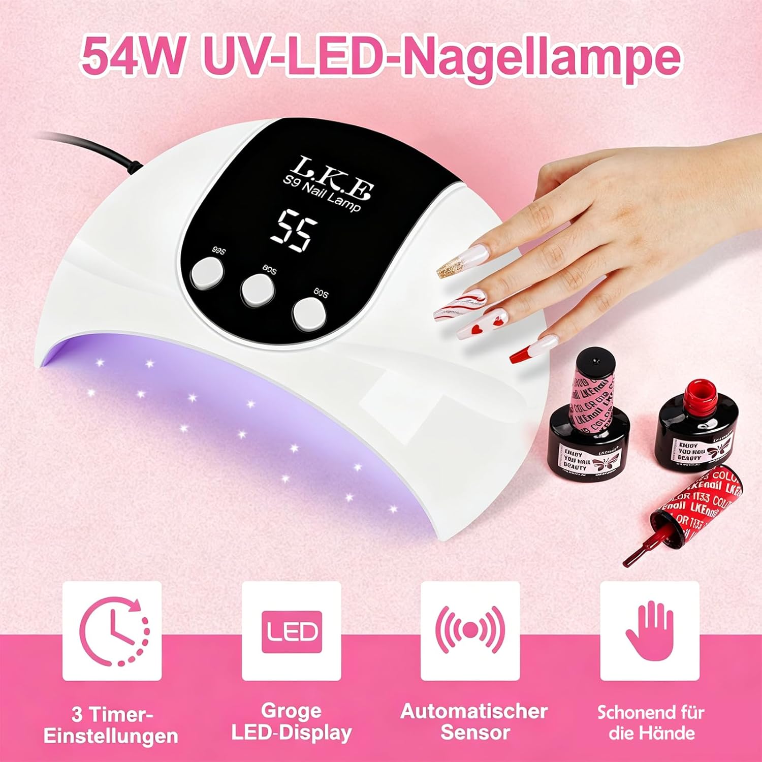 Detalle de UV Lampe für Gelnägel 54W – Tragbare Nagellampe mit 3 Timern, LCD-Display und Auto Sensor