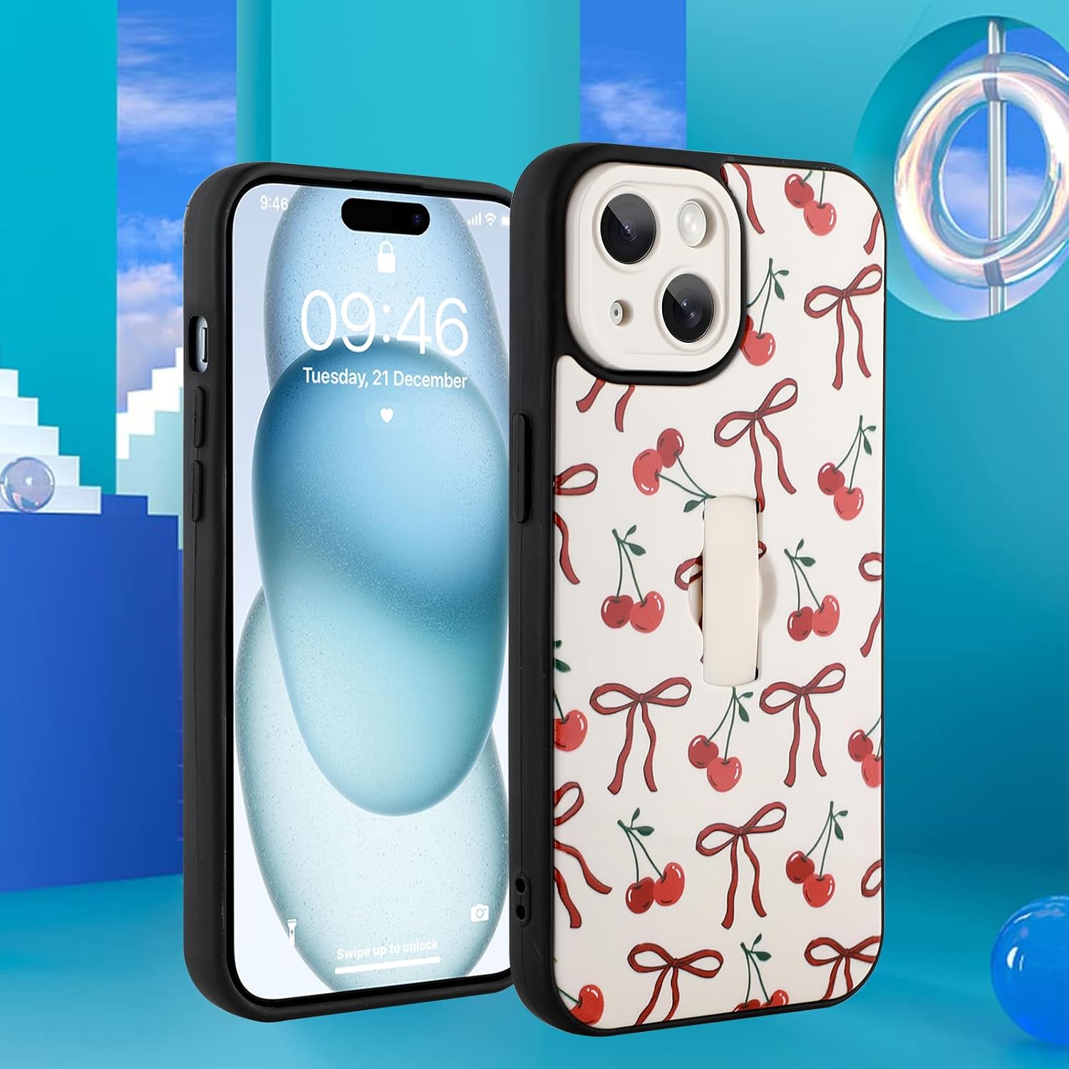 Detalle 2 de Ufbara 2088369-BowWhite-IP15 iPhone 15 Case with Cherry Bow and Wrist Strap