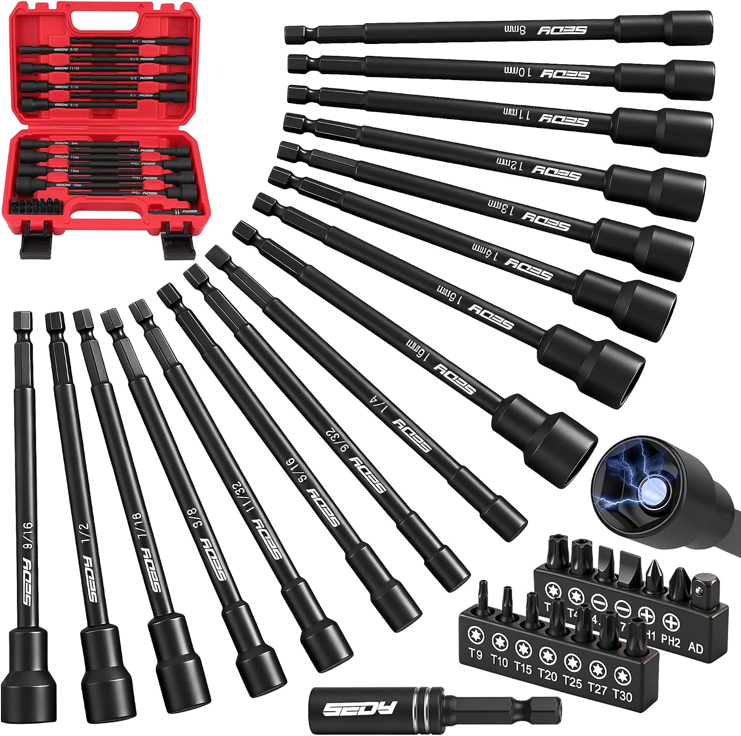 Detalle de SEDY 84016 31-Piece Magnetic Impact Nut Driver Set, SAE and Metric