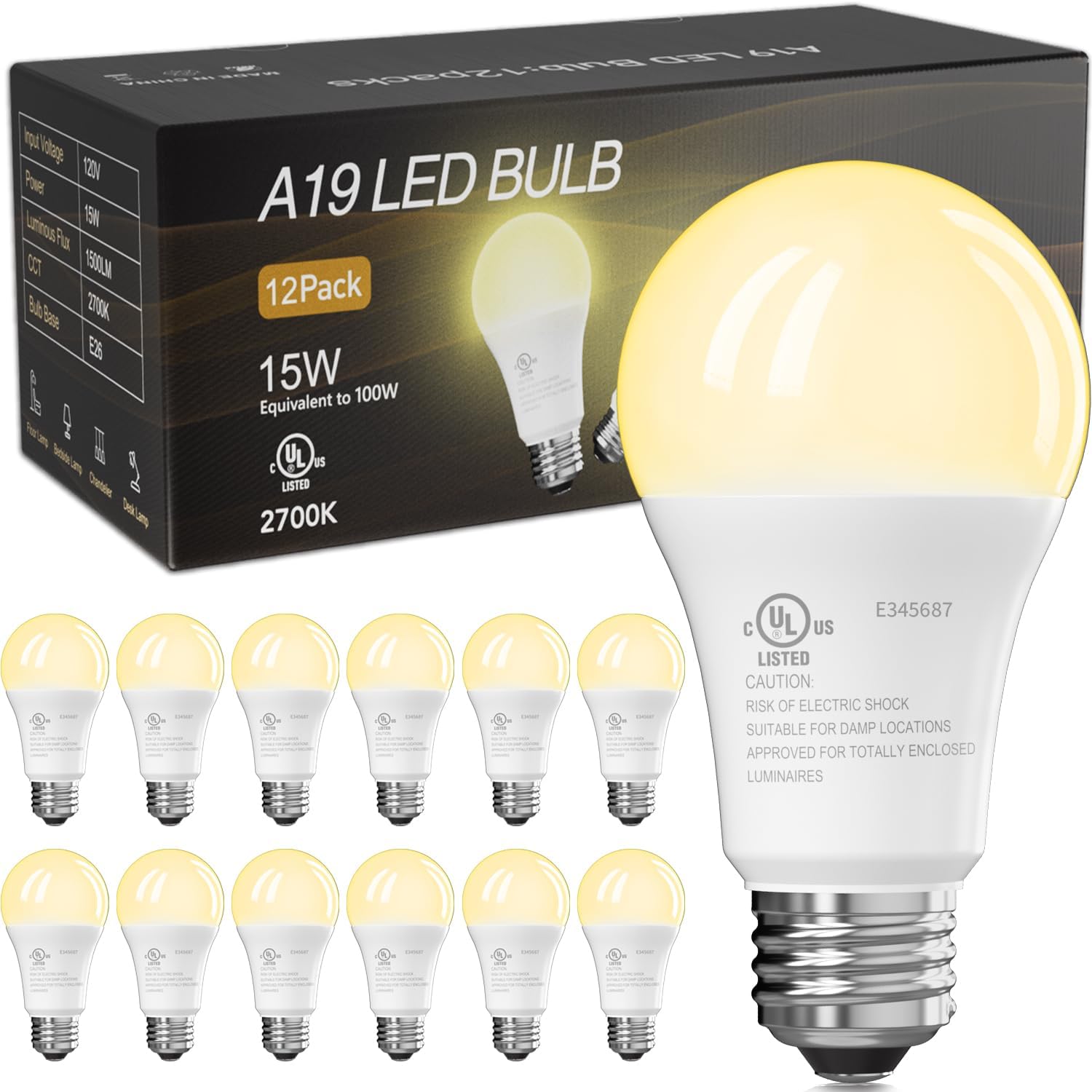 Detalle de TJOY QASNB2 A19 LED Light Bulbs, 100W Equivalent, 2700K, 12-Pack
