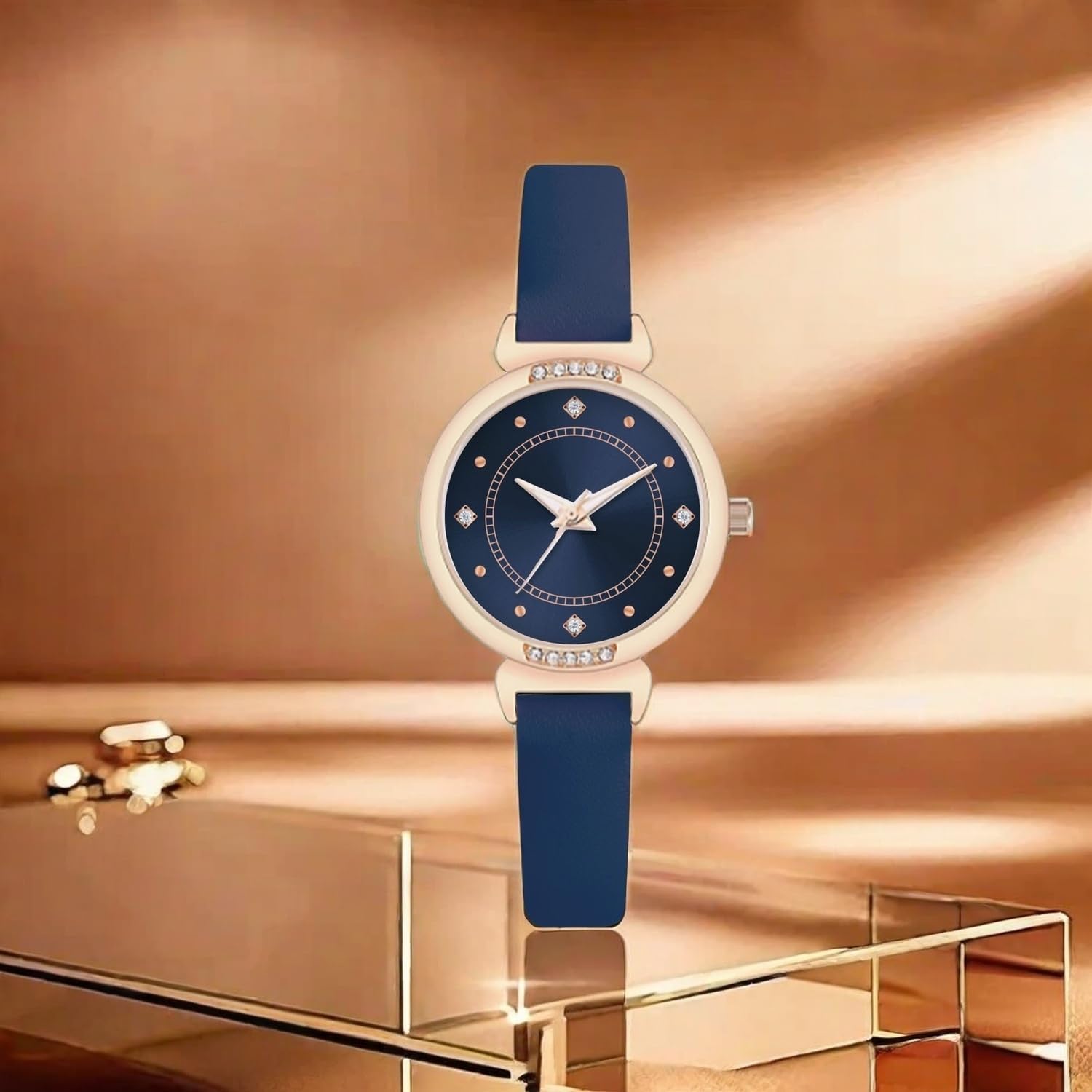Detalle de NUOVO Women’s Leather Strap Watch with Blue Dial and Diamond Bezel