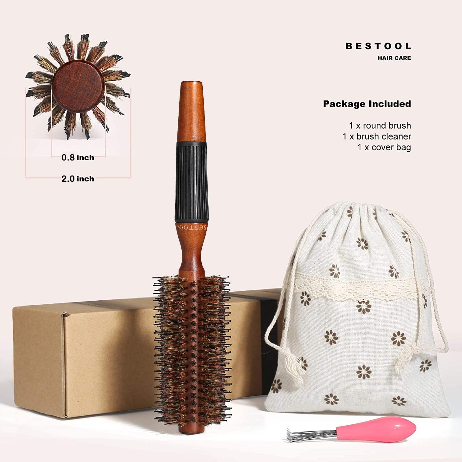 Detalle de BESTOOL Brosse ronde en poils de sanglier pour séchage au sèche-cheveux (baril en bois) – lissage et boucles