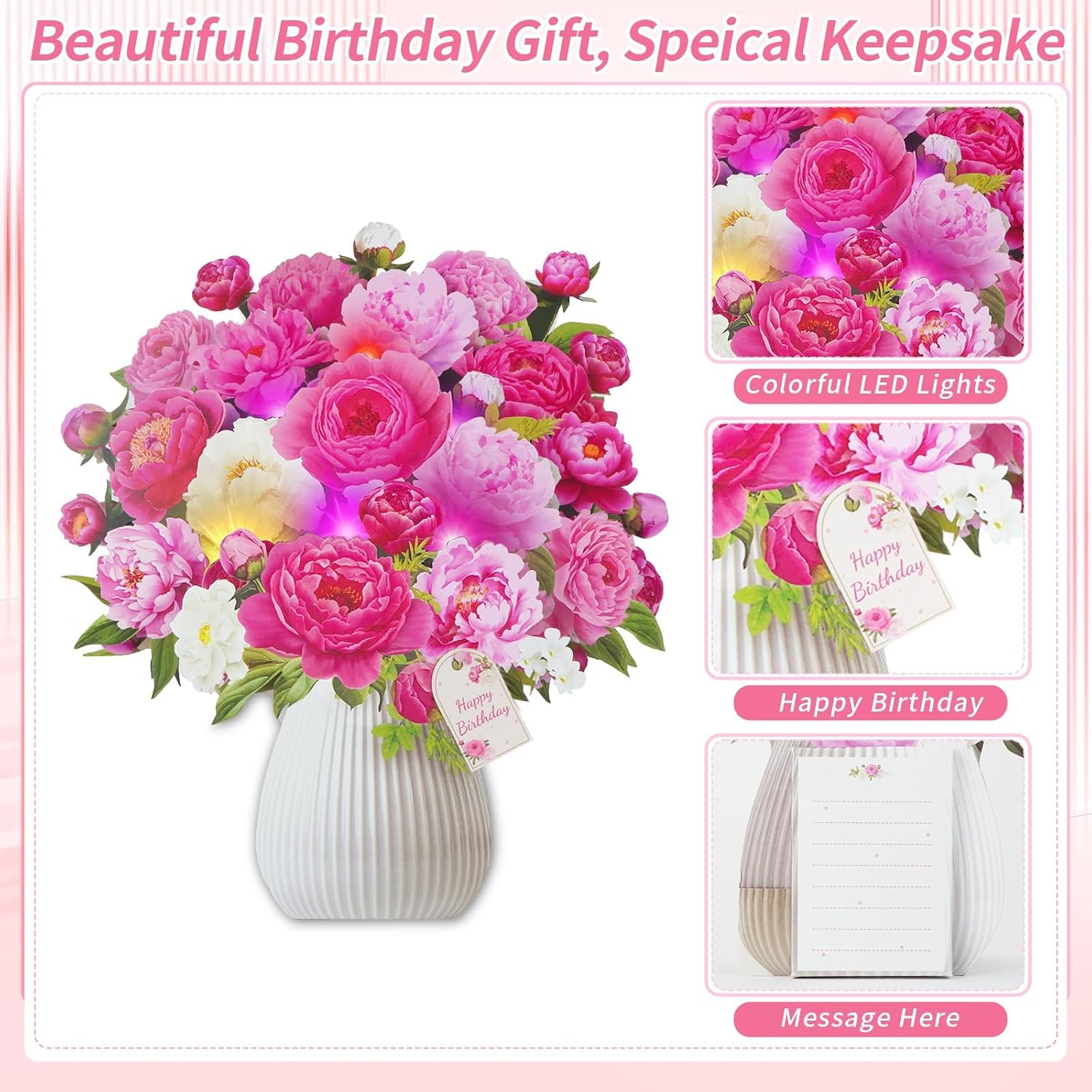 Detalle de WUJUN 3-in-1 Pink Peony Pop Up Birthday Card with Music & Lights (10 inch) – For Mum, Wife, Daughter