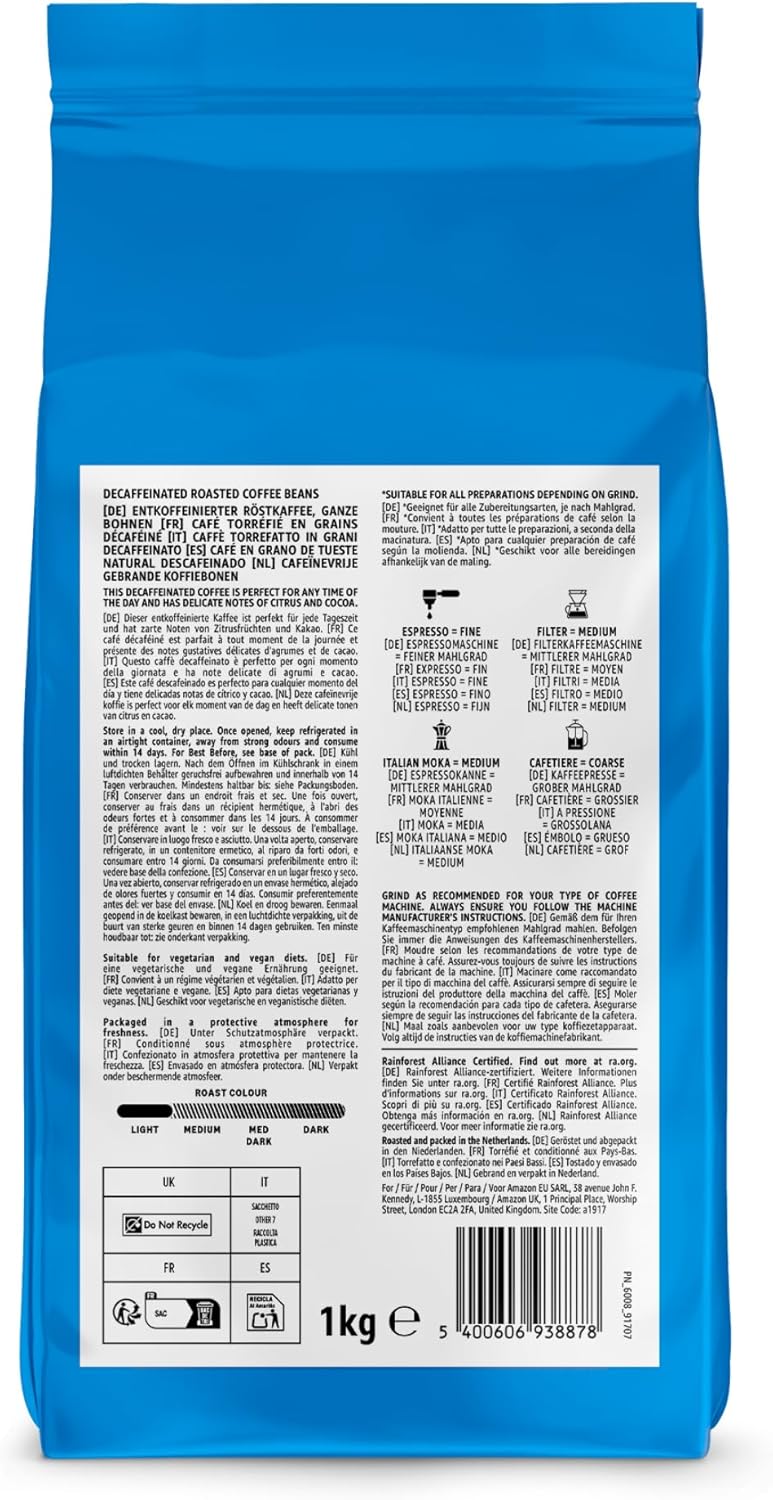 Detalle de By Amazon Decaff 100% Arabica Intensità 2 – Delicato, 1 kg: caffè decaffeinato in grani, compatibile con macchine da caffè