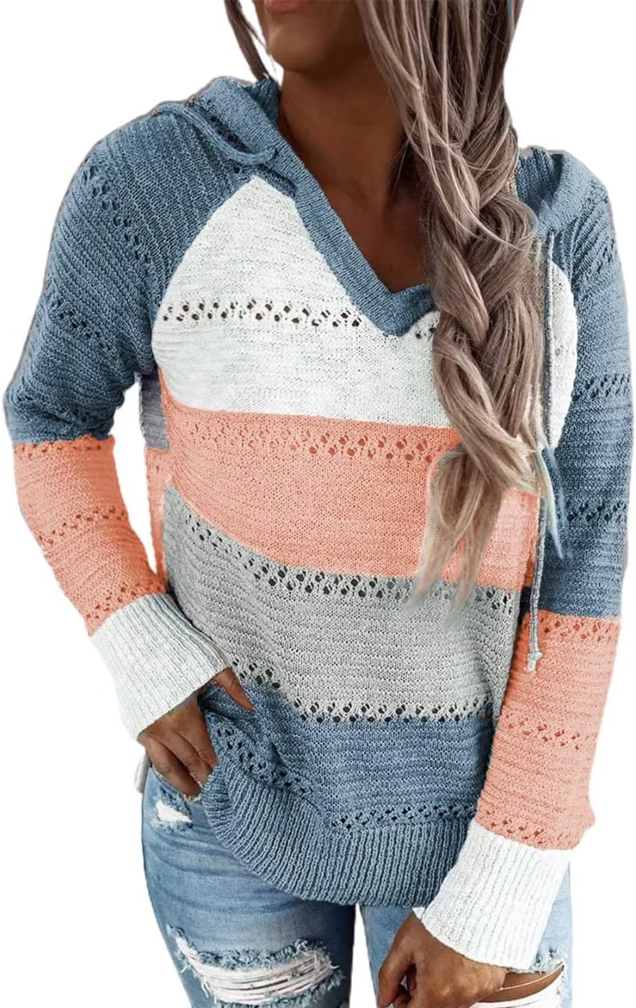 Detalle de BLENCOT Women Color Block Crochet Hoodie sweater