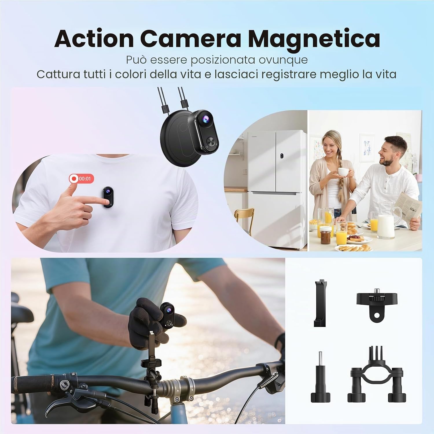 Detalle de Camlance Mini Action Cam 4K: stabilizzata, subacquea 40m e magnetica in un corpo da tasca