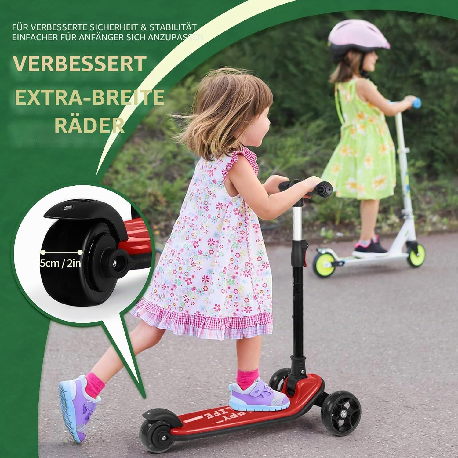 Detalle de besrey Kinder-Scooter Big Wheels – Faltbarer Tretroller mit LED-Lichtern, 4-stufig höhenverstellbar