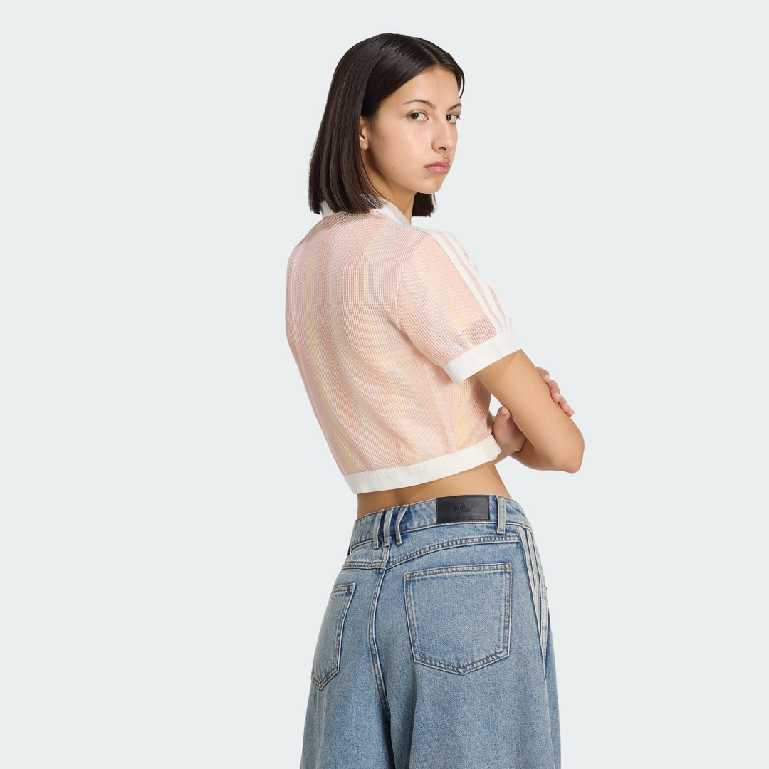 Detalle de Adidas Originals Summer Glow Striped Cropped, polo rosa de corte corto