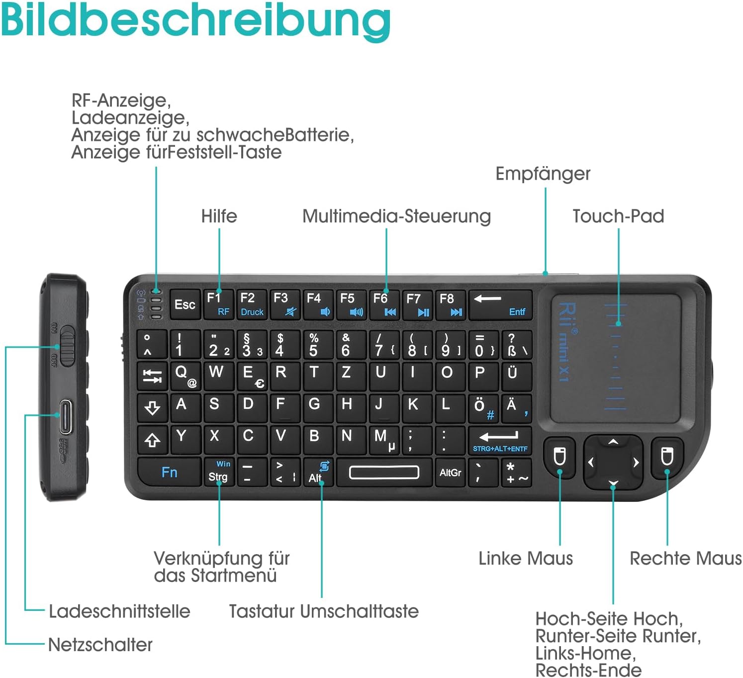 Detalle 2 de Rii X1 Mini Tastatur Wireless mit Touchpad 10M